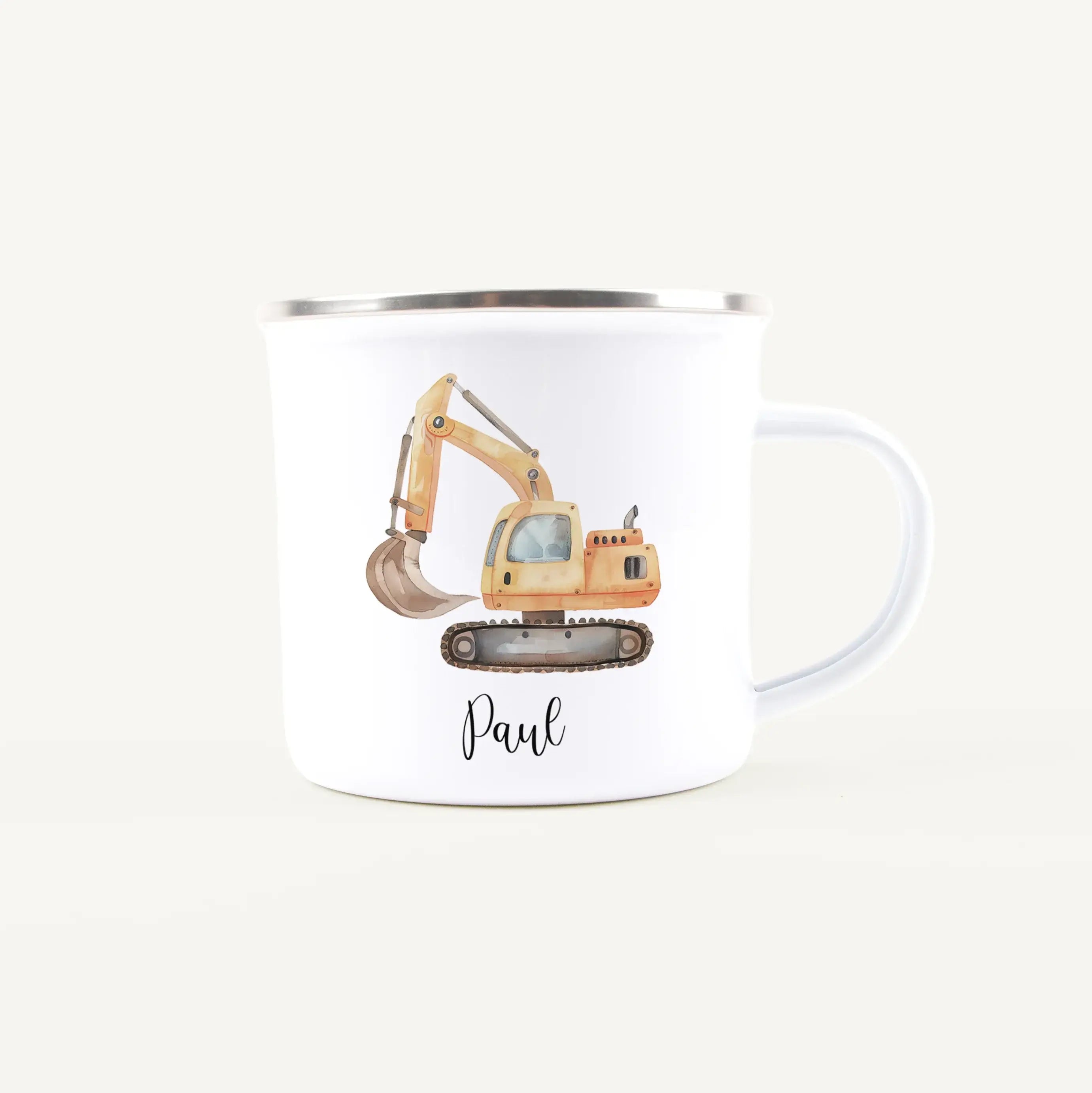 Emaille Tasse Bagger-Emaille Tasse-famprints-Die Emaille Tasse Bagger von famprints bringt kleine Baustellen-Fans zum Strahlen und verwandelt jedes Getränk in einen besonderen Moment. Du kannst zwischen zwei liebevoll gestalteten Motiven wählen: einem krä
