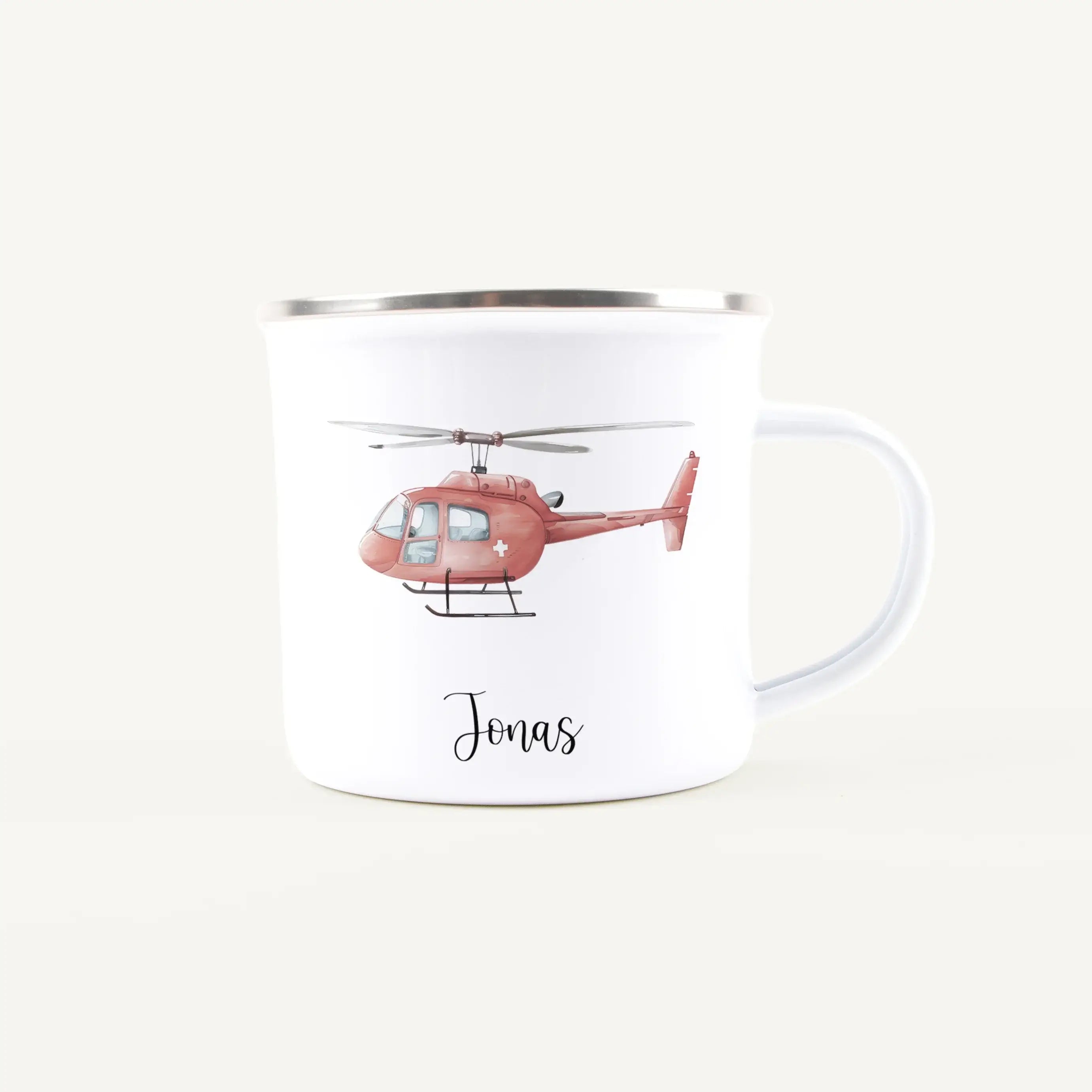 Emaille Tasse Hubschrauber-Emaille Tasse-famprints-Die Emaille Tasse Hubschrauber von famprints verbindet liebevolles Design mit einer persönlichen Note, die Kinder im Alltag begleitet. Das detailreiche Hubschrauber-Motiv in weichen Aquarellfarben weckt s