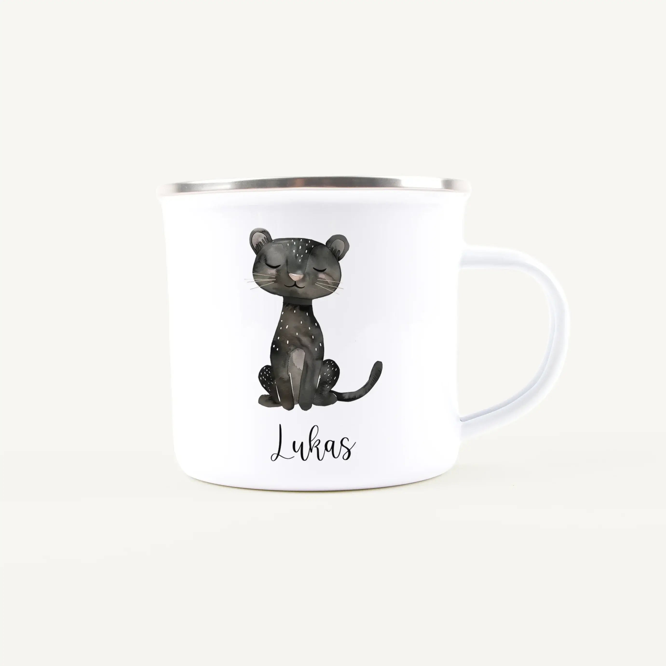 Emaille Tasse Panther-Emaille Tasse-famprints-Die Emaille Tasse Panther von famprints ist mehr als ein Becher – sie ist ein persönliches Geschenk mit Bedeutung. Das liebevoll gestaltete Panther-Motiv wirkt modern, verspielt und zeitlos zugleich und wird m