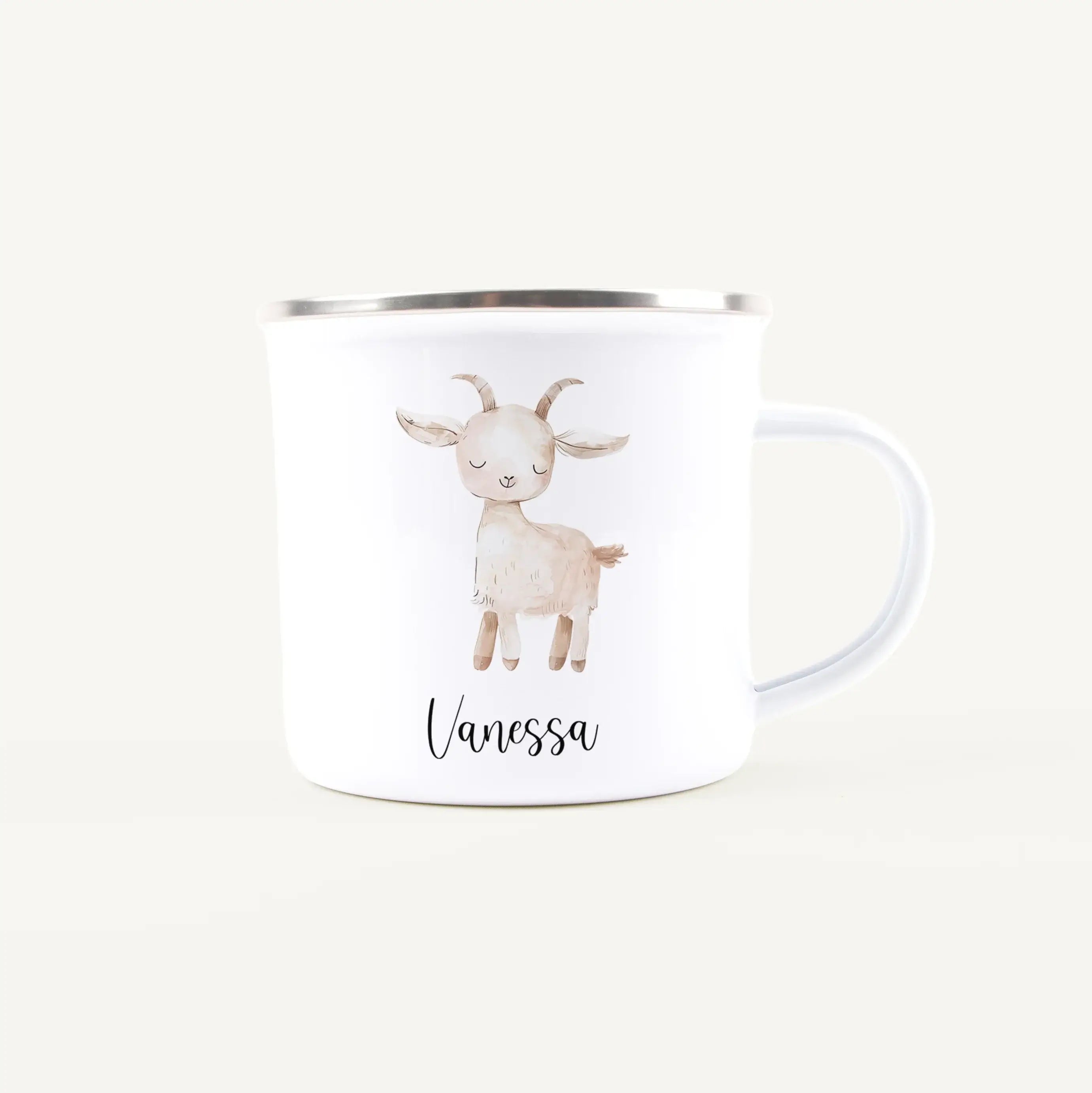 Emaille Tasse Ziege-Emaille Tasse-famprints-Die Emaille Tasse Ziege von famprints ist genau das Richtige, wenn du ein persönliches Geschenk suchst, das im Alltag wirklich genutzt wird. Das liebevoll illustrierte Ziegenmotiv macht die Tasse zu einem echten