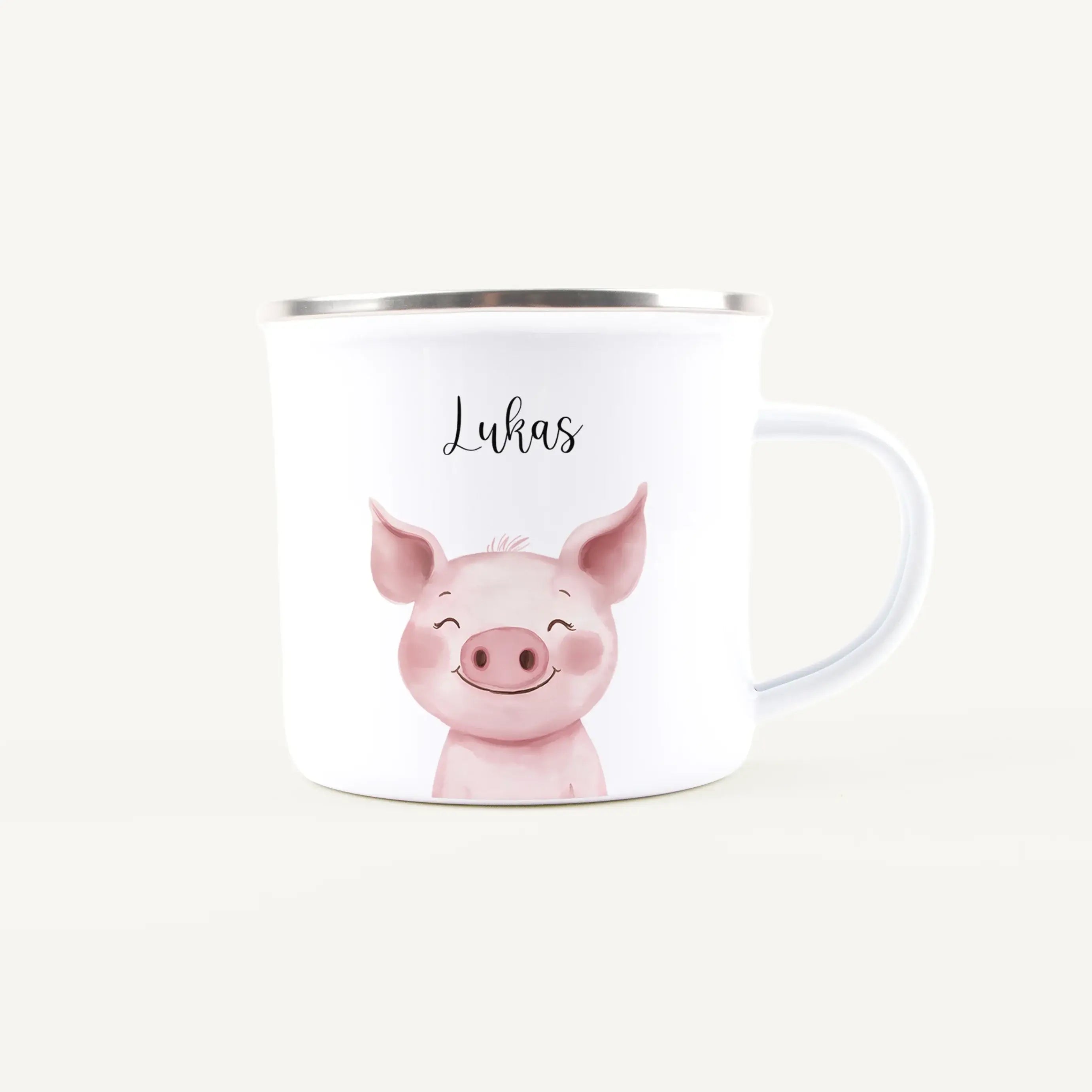 Emaille Tasse Schwein Portrait-Emaille Tasse-famprints-Die Emaille Tasse Schwein Portrait von famprints verbindet personalisierte Gestaltung mit liebevollen Details und macht aus einem alltagstauglichen Begleiter ein kleines Erlebnis. Das sanfte Schweinch