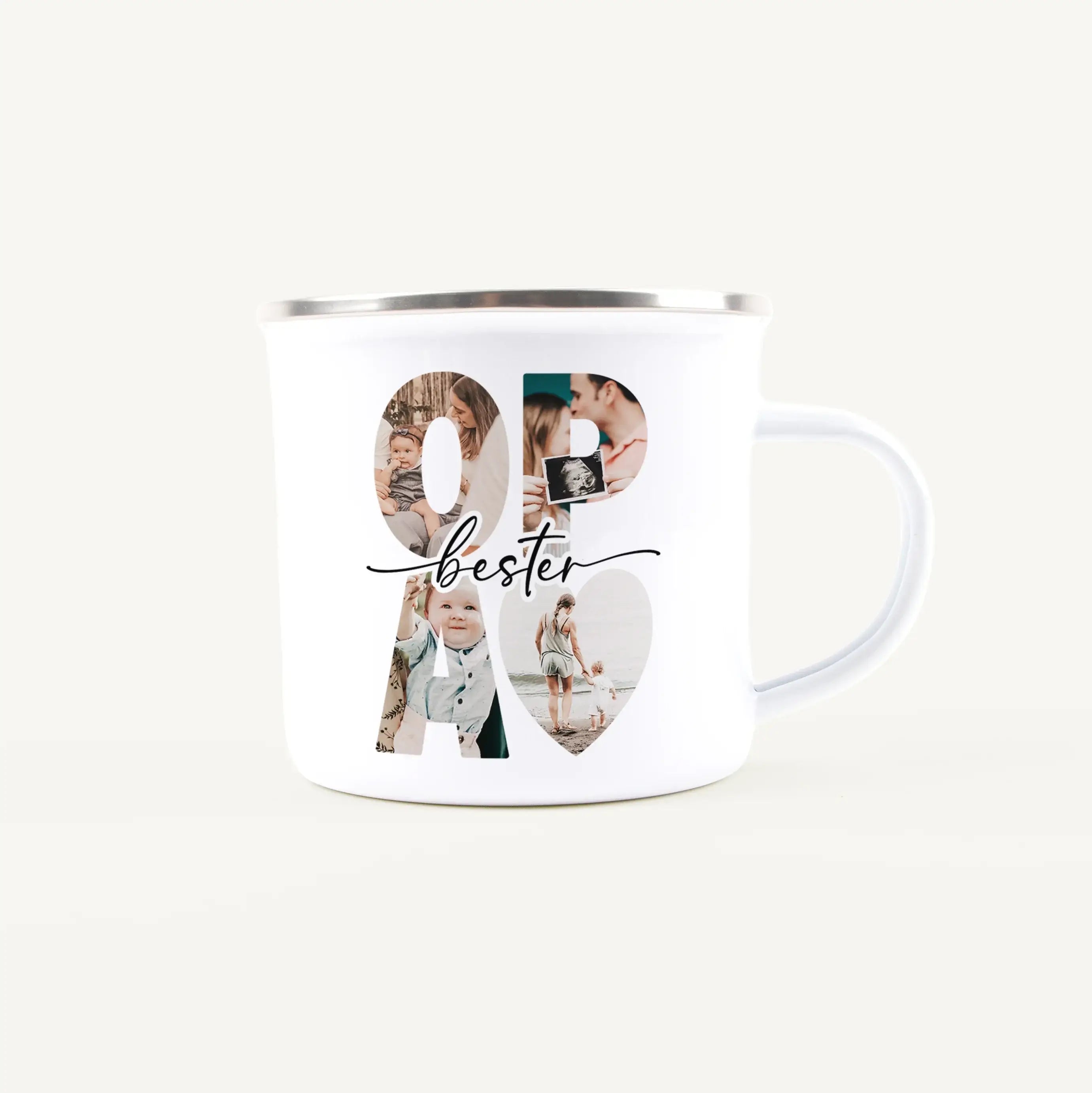 Emaille Tasse bester Opa-Emaille Tasse-famprints-Die Emaille Tasse bester Opa von famprints ist ein persönliches Geschenk, das echte Freude auslöst und täglich an gemeinsame Momente erinnert. Du gestaltest die Tasse mit Lieblingsfotos und einem eigenen Te
