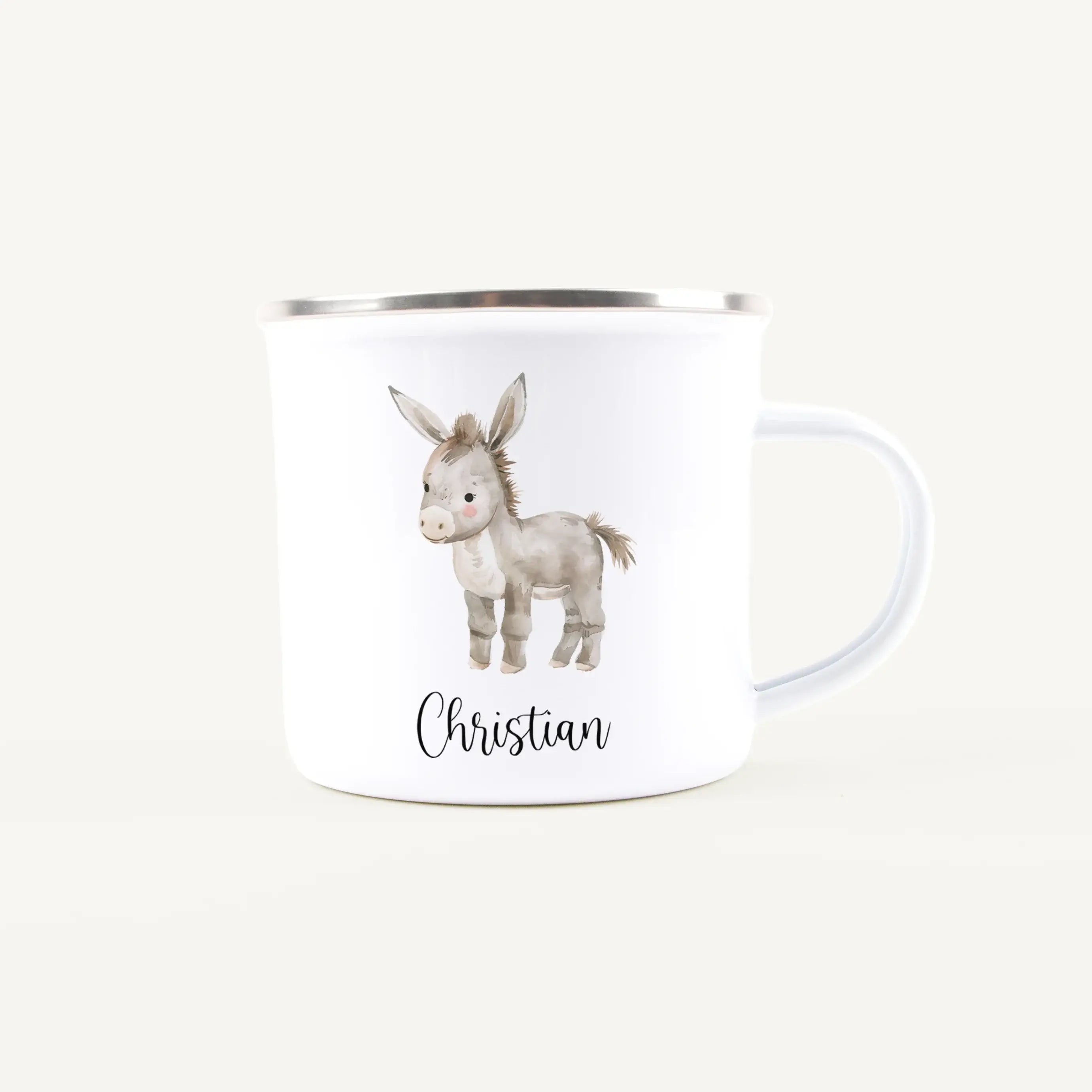 Emaille Tasse Esel-Emaille Tasse-famprints-Die Emaille Tasse Esel von famprints ist ein liebevoll gestalteter Begleiter für kleine Tierfans und eignet sich perfekt als persönliches Geschenk für Kinder. Der sanfte Aquarell-Esel wirkt warm und freundlich, s
