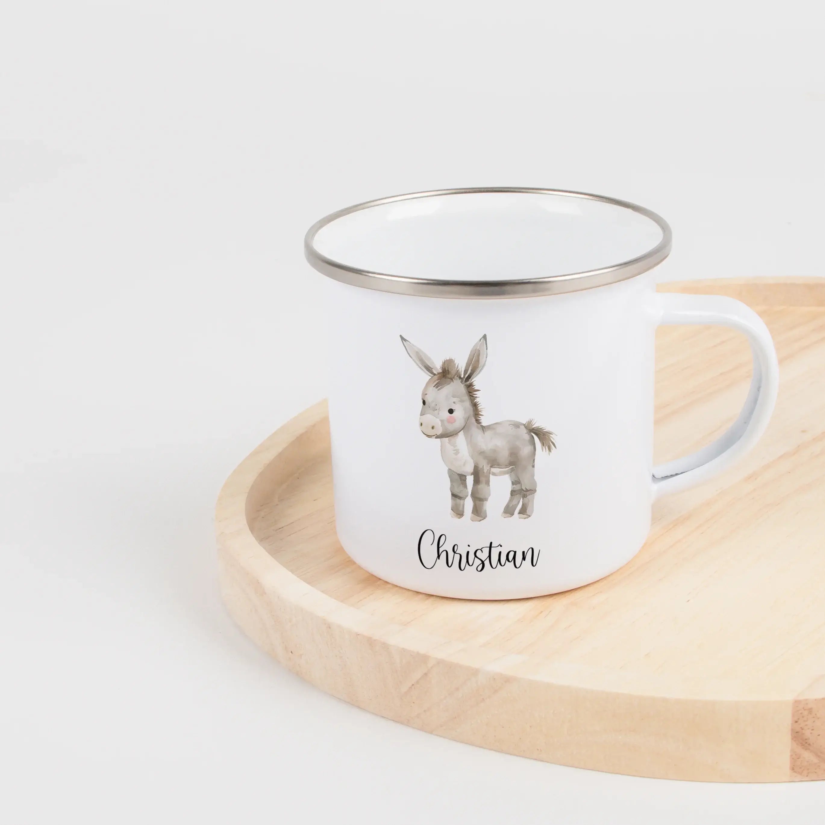 Emaille Tasse Esel-Emaille Tasse-famprints-Die Emaille Tasse Esel von famprints ist ein liebevoll gestalteter Begleiter für kleine Tierfans und eignet sich perfekt als persönliches Geschenk für Kinder. Der sanfte Aquarell-Esel wirkt warm und freundlich, s