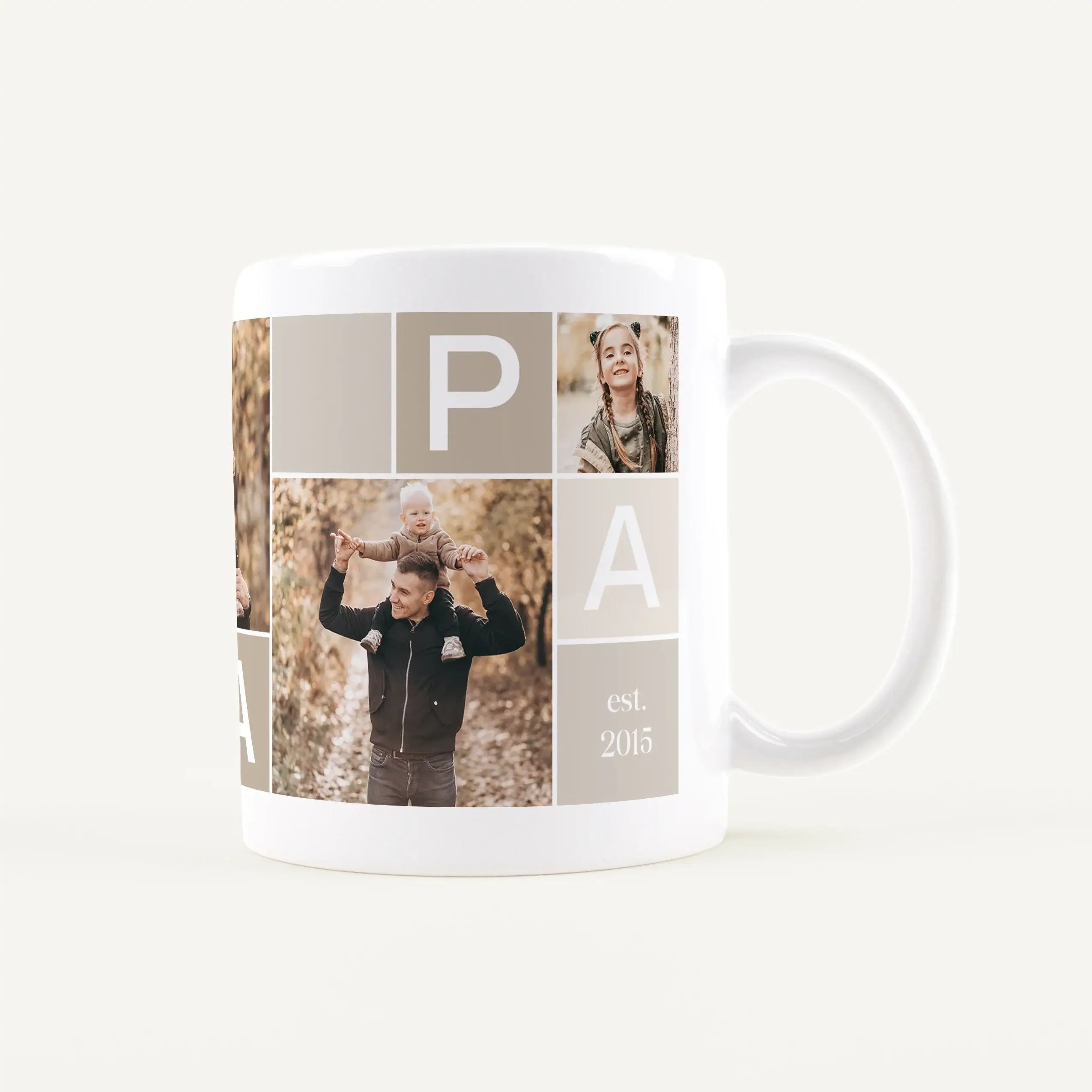 Fototasse Papa-Keramik Tasse-famprints-Die Fototasse Papa von famprints macht aus einer einfachen Tasse ein persönliches Lieblingsstück für jeden Tag. Du gestaltest deine individuelle Tasse für Papa ganz einfach selbst und kombinierst fünf eigene Fotos mi