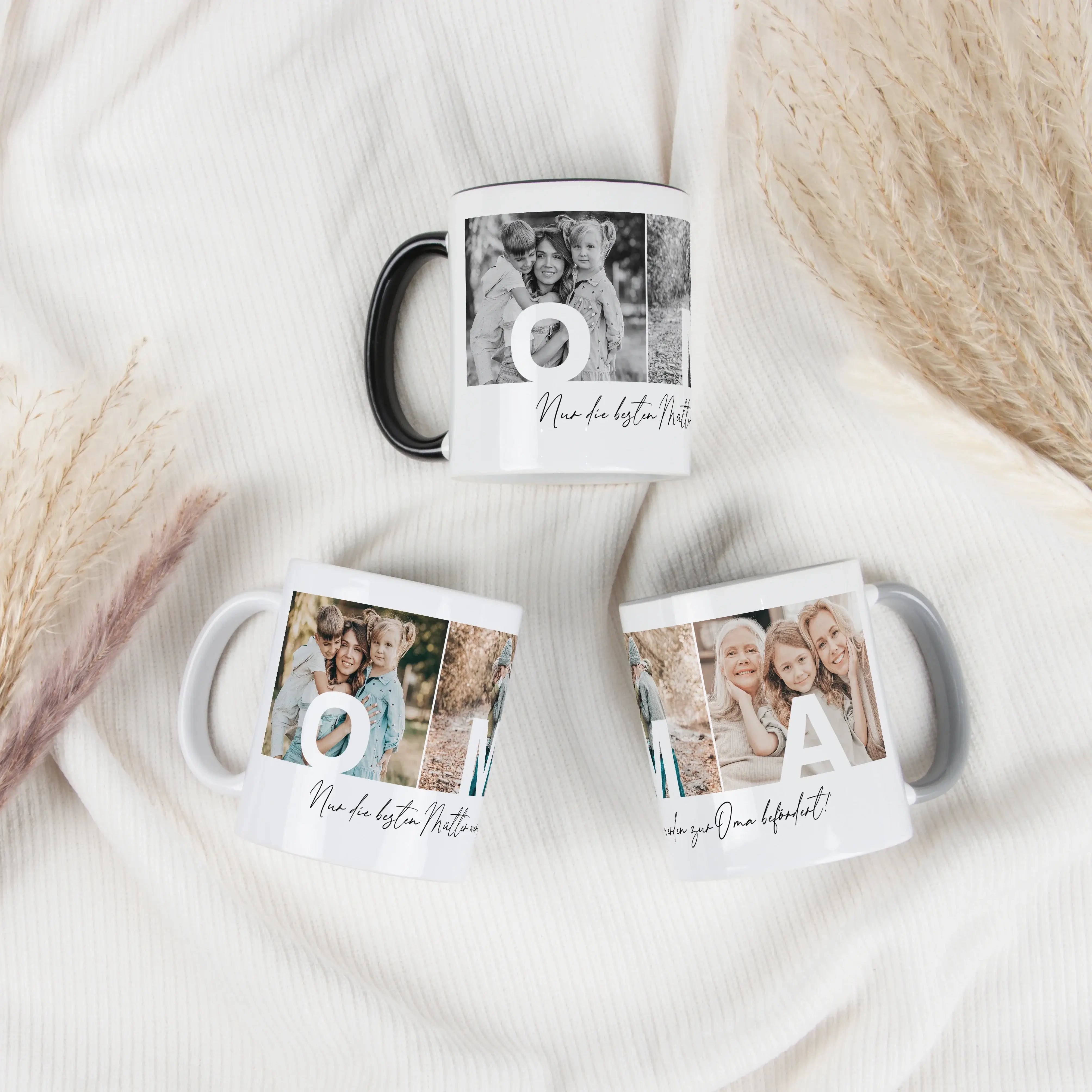 Fototasse Oma-Keramik Tasse-famprints-Die Fototasse Oma ist eine persönliche Geschenkidee für einen Menschen, der im Alltag einen besonderen Platz hat. Mit drei eigenen Fotos wird aus einer einfachen Kaffeetasse ein individuelles Erinnerungsstück. Jedes B