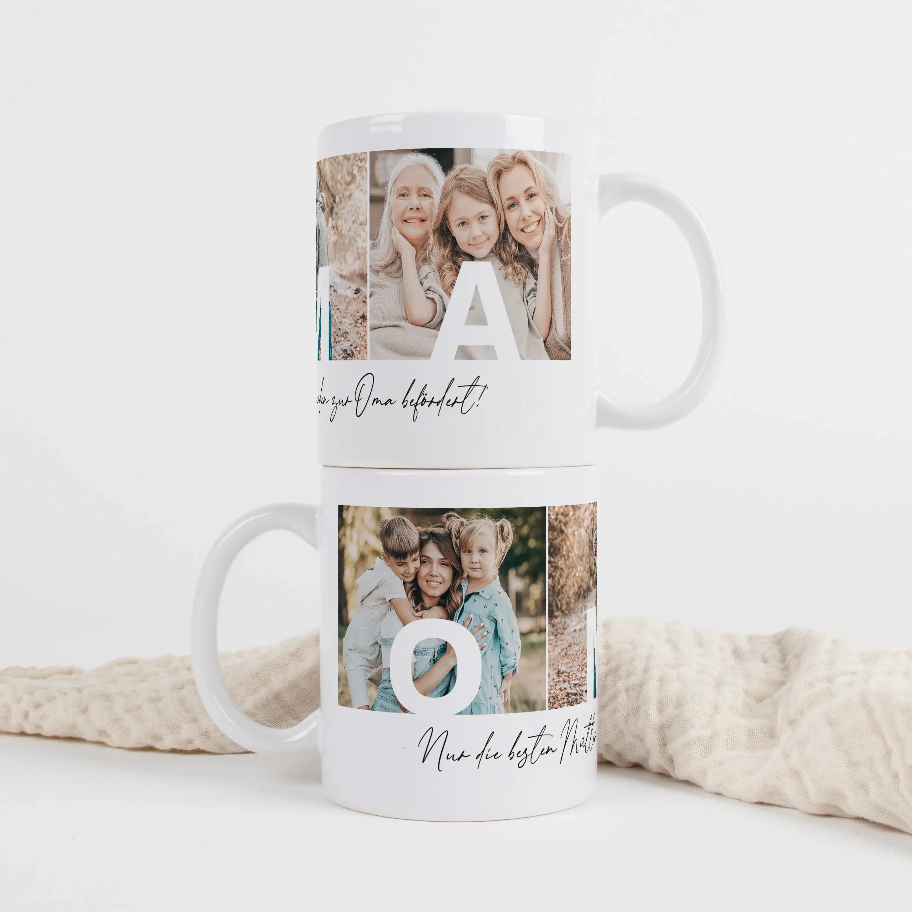 Fototasse Oma-Keramik Tasse-famprints-Die Fototasse Oma ist eine persönliche Geschenkidee für einen Menschen, der im Alltag einen besonderen Platz hat. Mit drei eigenen Fotos wird aus einer einfachen Kaffeetasse ein individuelles Erinnerungsstück. Jedes B