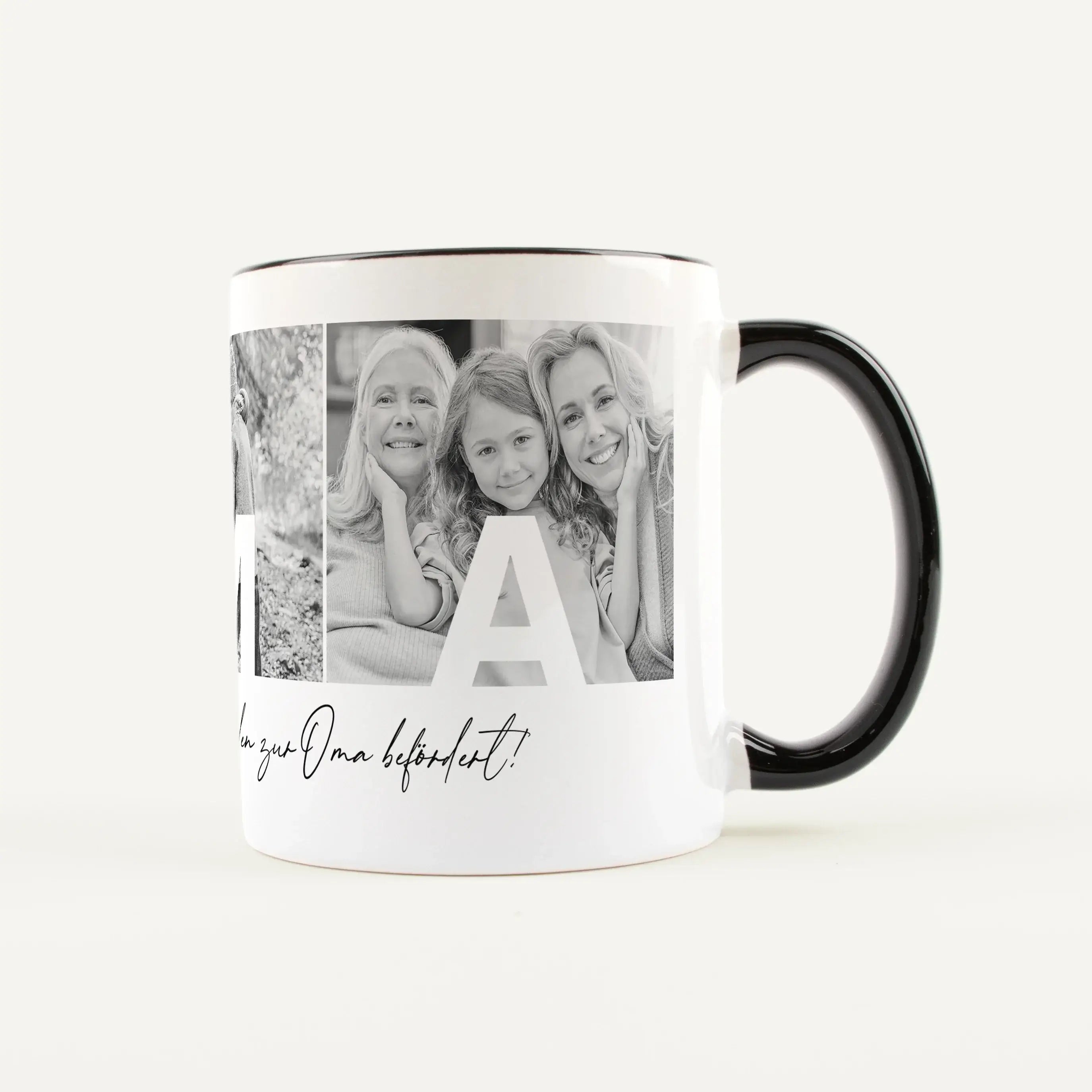 Fototasse Oma-Keramik Tasse-famprints-Die Fototasse Oma ist eine persönliche Geschenkidee für einen Menschen, der im Alltag einen besonderen Platz hat. Mit drei eigenen Fotos wird aus einer einfachen Kaffeetasse ein individuelles Erinnerungsstück. Jedes B