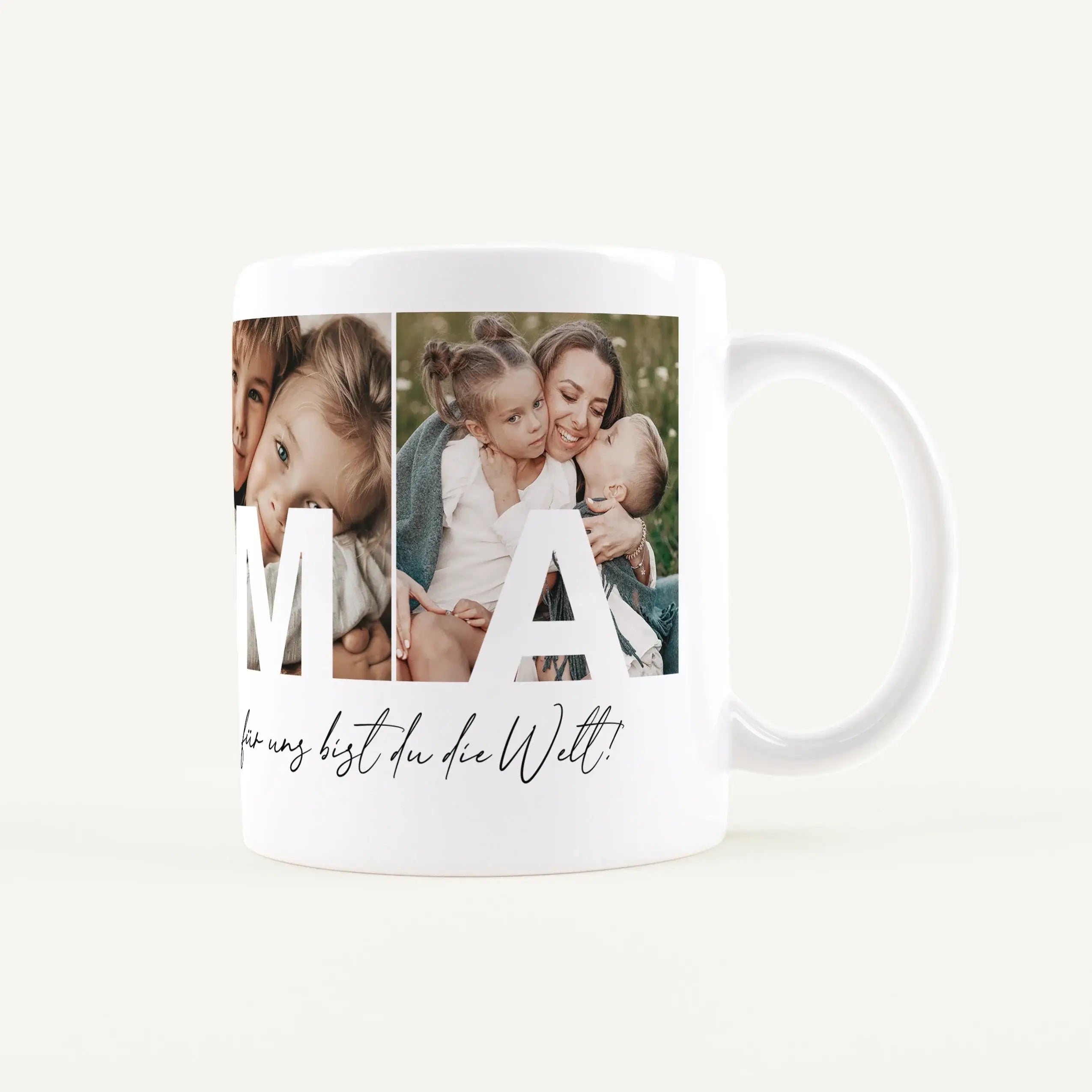 Fototasse Mama + Text-Keramik Tasse-famprints-Die Fototasse Mama + Text ist eine persönliche Geschenkidee für einen besonderen Menschen. Auf dieser individuell gestaltbaren Kaffeetasse werden vier deiner Lieblingsfotos platziert. In jedem Bild steht ein B