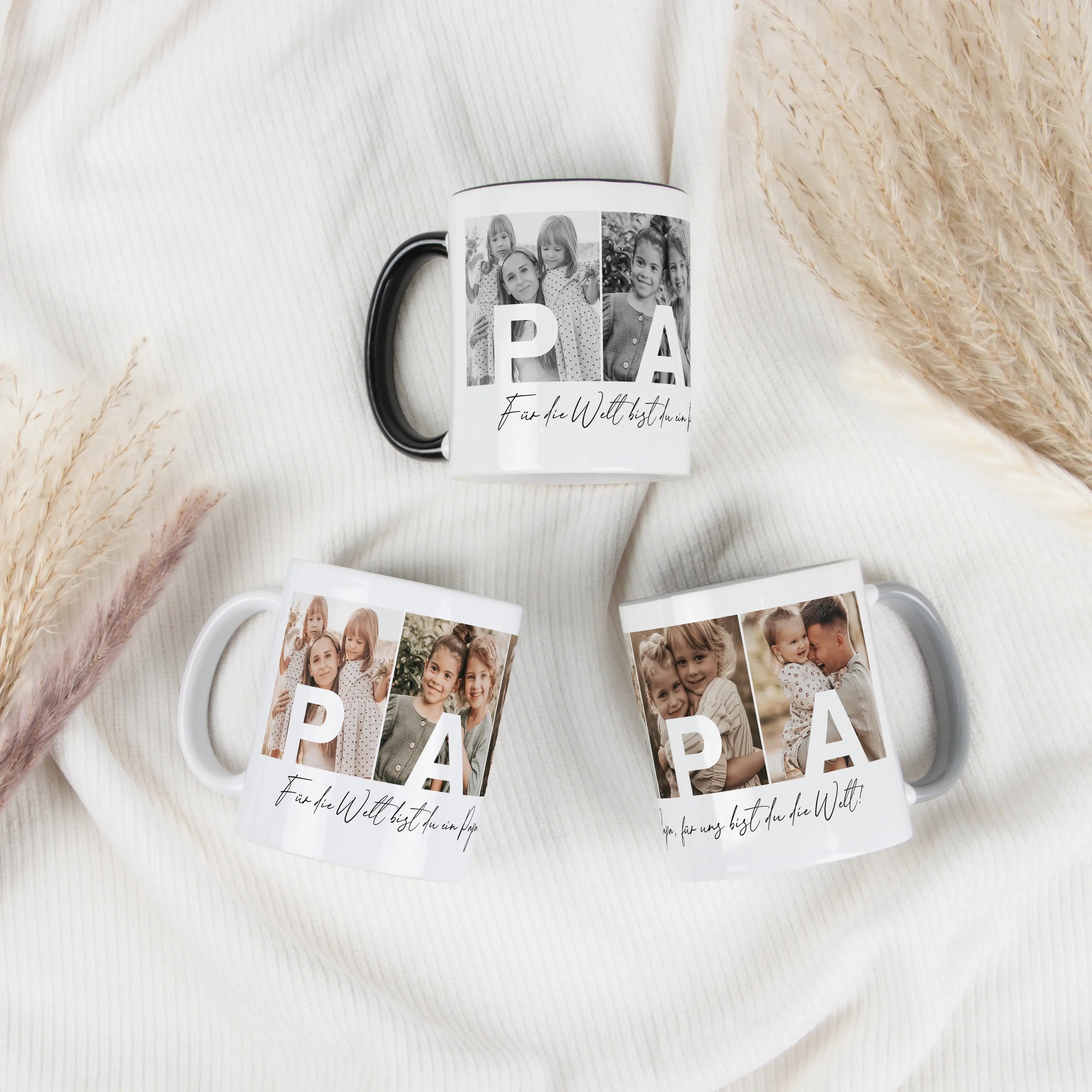 Fototasse Papa + Text-Keramik Tasse-famprints-Die Fototasse Papa + Text ist eine persönliche Geschenkidee für Väter, die Erinnerungen sichtbar macht. Auf der Tasse werden vier deiner Lieblingsfotos platziert, sodass jedes Bild einen Buchstaben von Papa tr