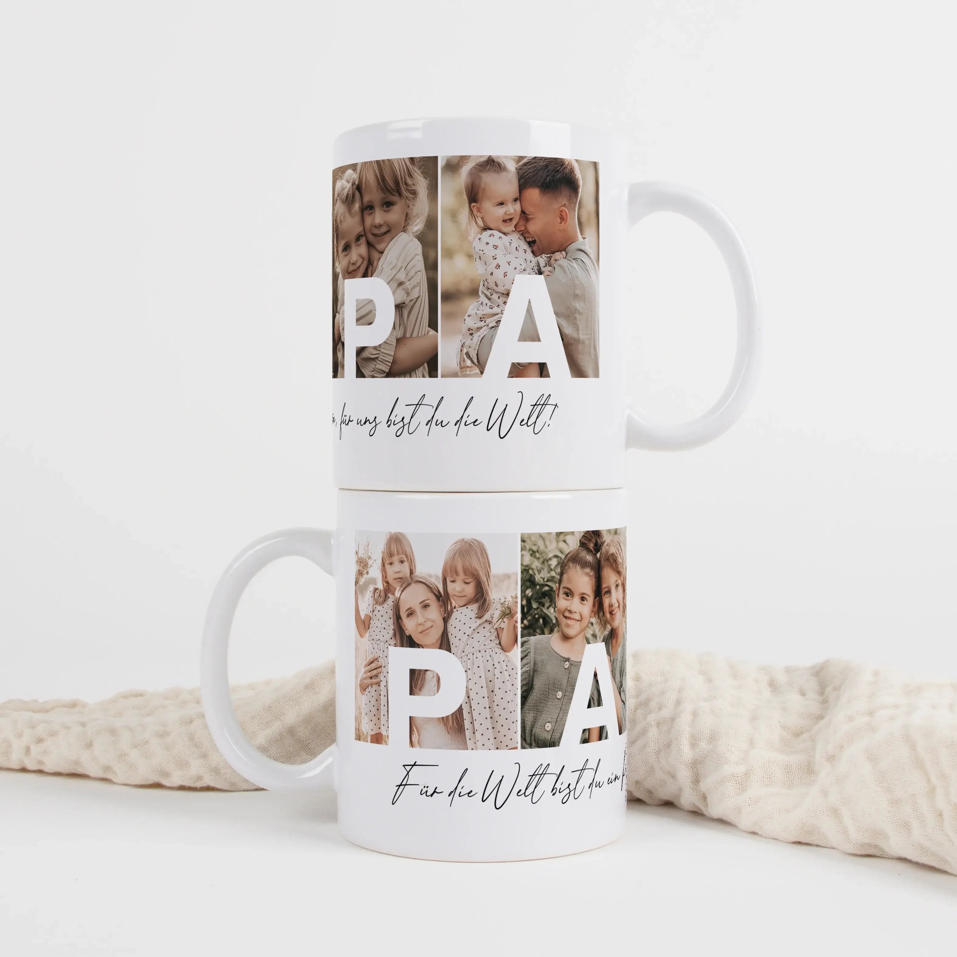 Fototasse Papa + Text-Keramik Tasse-famprints-Die Fototasse Papa + Text ist eine persönliche Geschenkidee für Väter, die Erinnerungen sichtbar macht. Auf der Tasse werden vier deiner Lieblingsfotos platziert, sodass jedes Bild einen Buchstaben von Papa tr