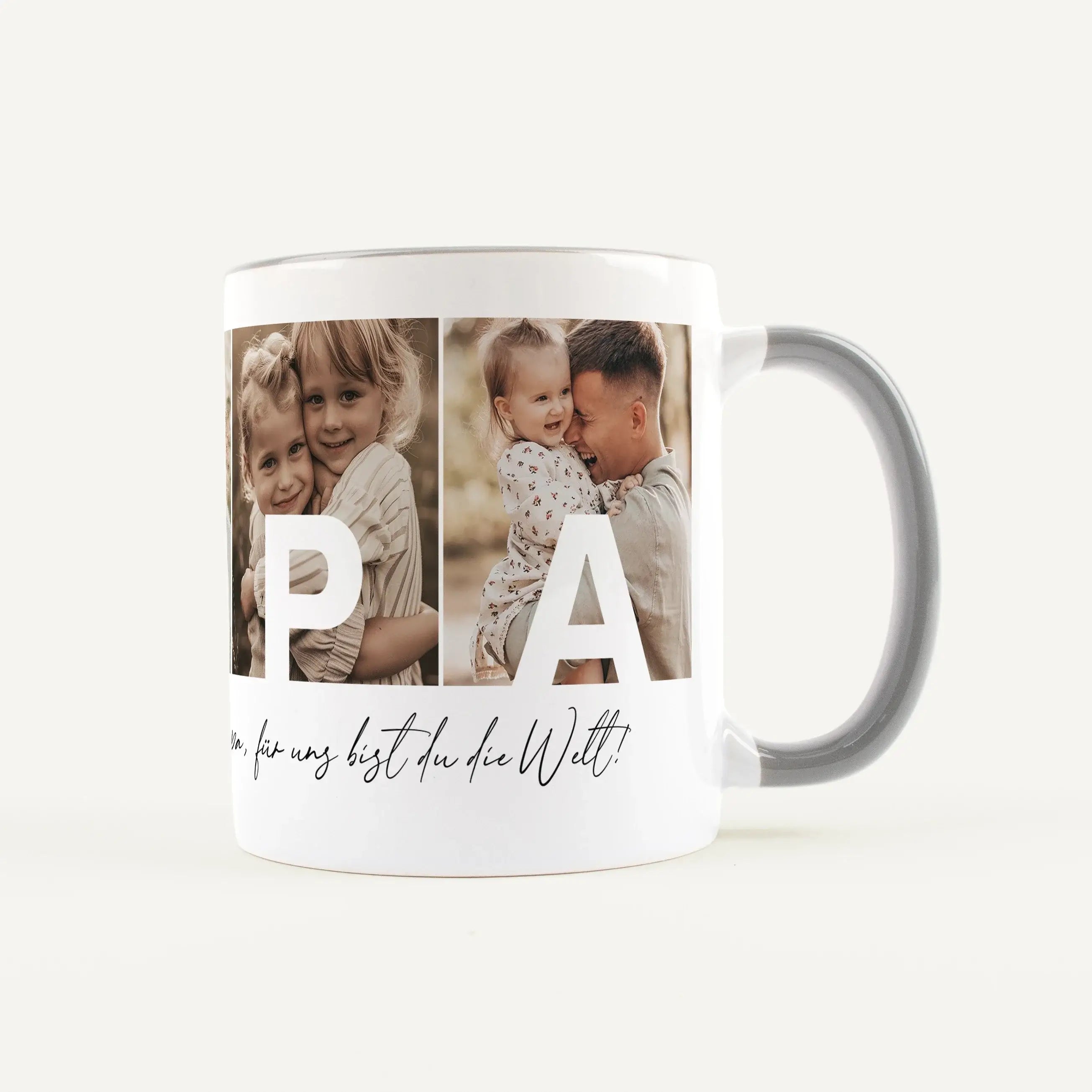 Fototasse Papa + Text-Keramik Tasse-famprints-Die Fototasse Papa + Text ist eine persönliche Geschenkidee für Väter, die Erinnerungen sichtbar macht. Auf der Tasse werden vier deiner Lieblingsfotos platziert, sodass jedes Bild einen Buchstaben von Papa tr