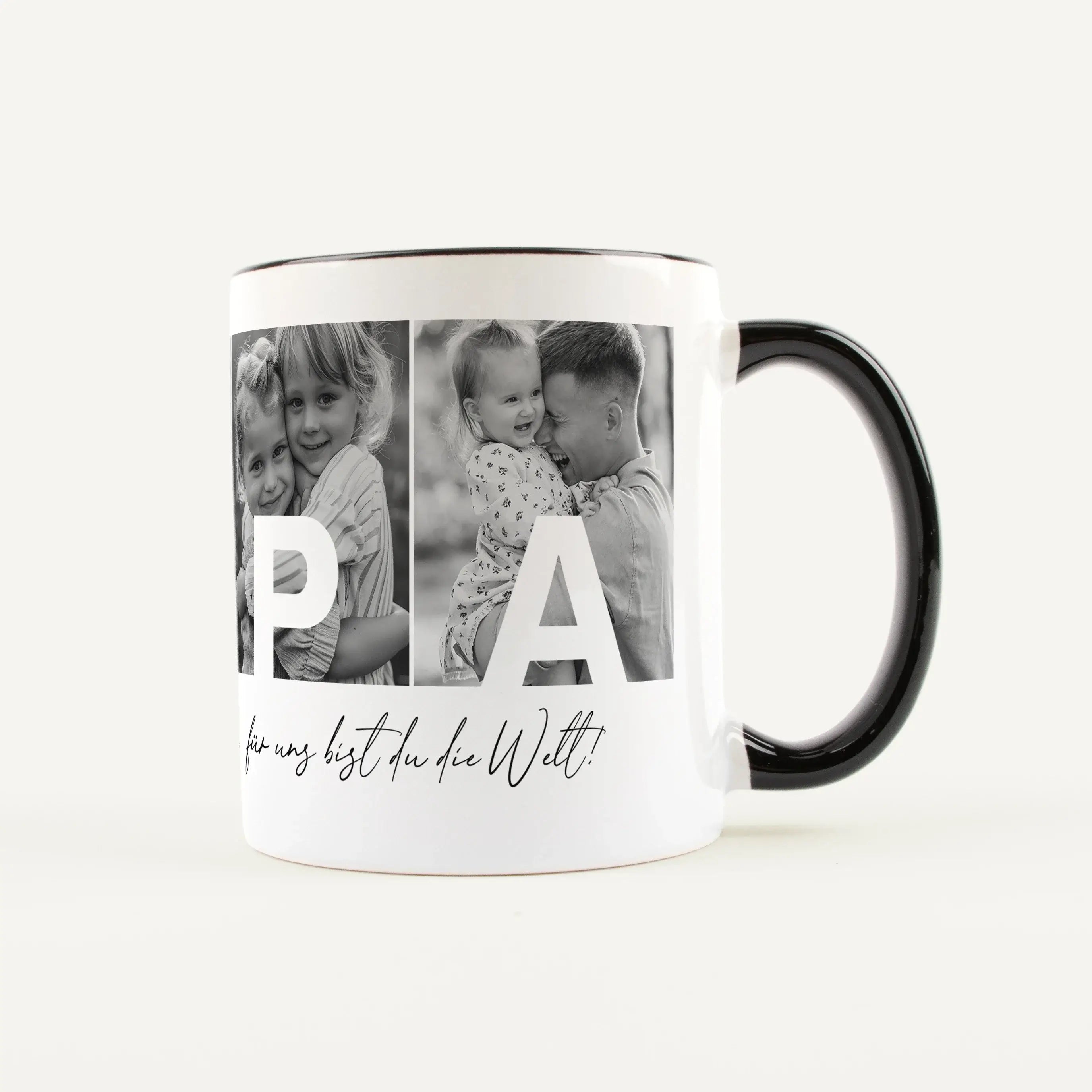 Fototasse Papa + Text-Keramik Tasse-famprints-Die Fototasse Papa + Text ist eine persönliche Geschenkidee für Väter, die Erinnerungen sichtbar macht. Auf der Tasse werden vier deiner Lieblingsfotos platziert, sodass jedes Bild einen Buchstaben von Papa tr