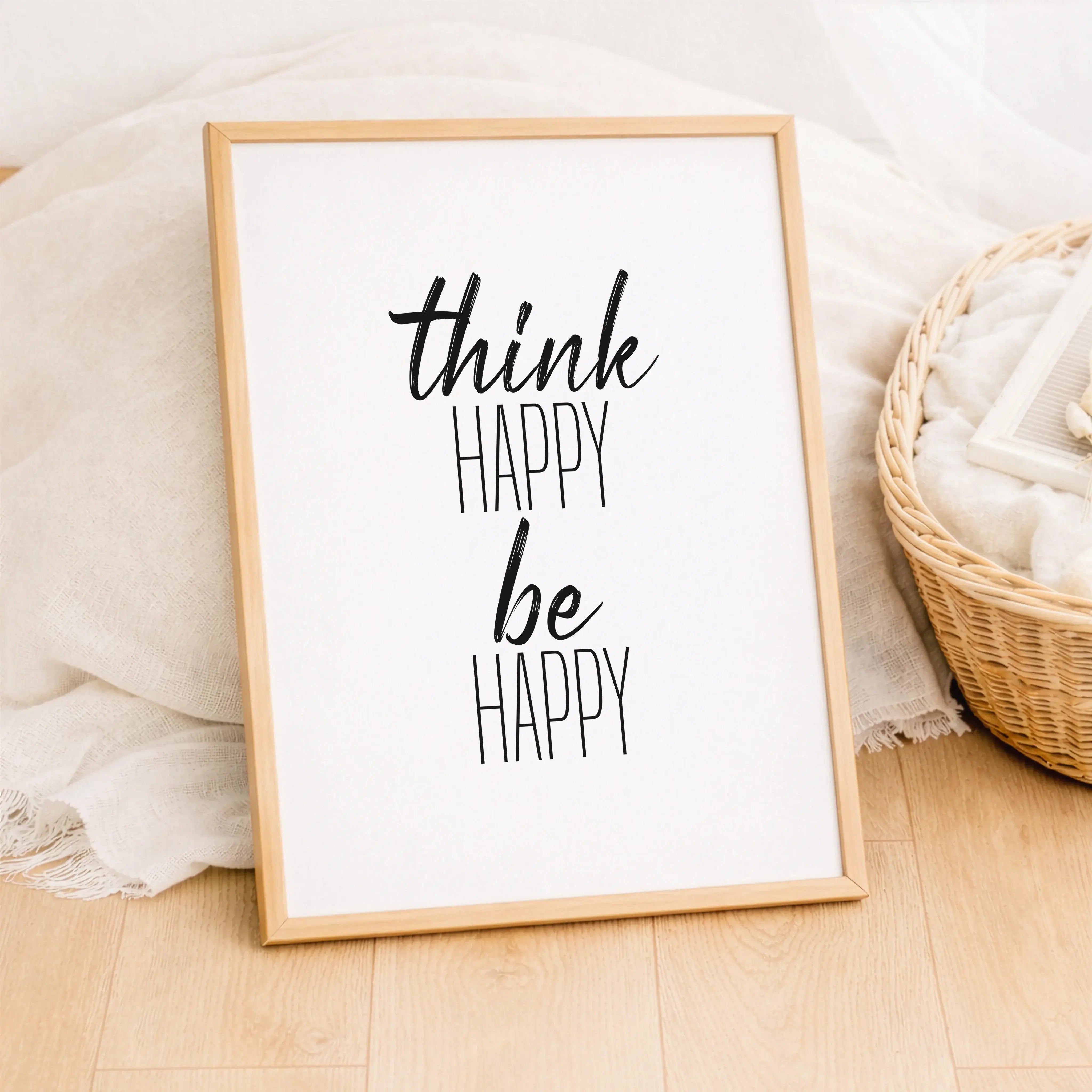 be happy Poster-Poster-famprints-Das be happy Poster von famprints ist mehr als nur Wanddekoration – es ist ein klares Statement für eine positive Haltung im Alltag. Mit seinem reduzierten Design und der zeitlosen Botschaft fügt sich das Motiv harmonisch