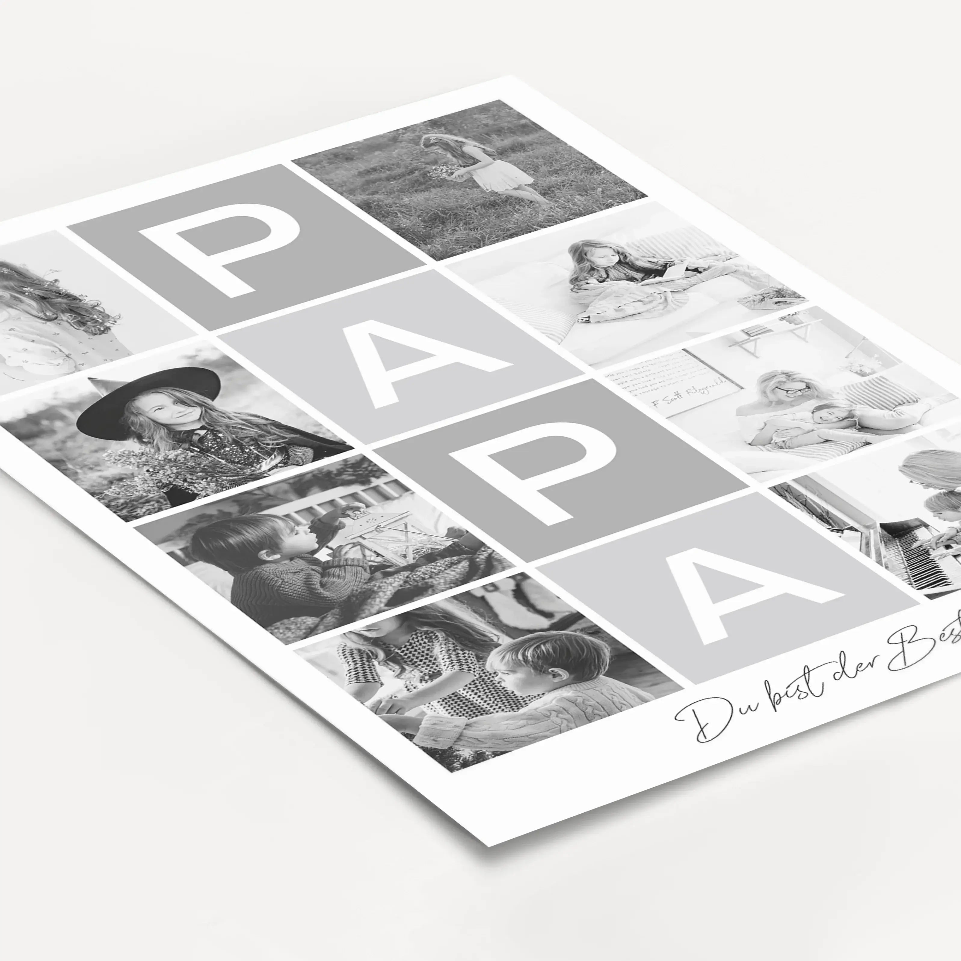 Fotocollage Papa Poster-Personalisiertes Poster-famprints-Mit dem Fotocollage Papa Poster gestaltest du ein persönliches Geschenk, das eure gemeinsamen Momente sichtbar macht. Im Mittelpunkt steht das Wort Papa, modern angeordnet und ergänzt durch deine L