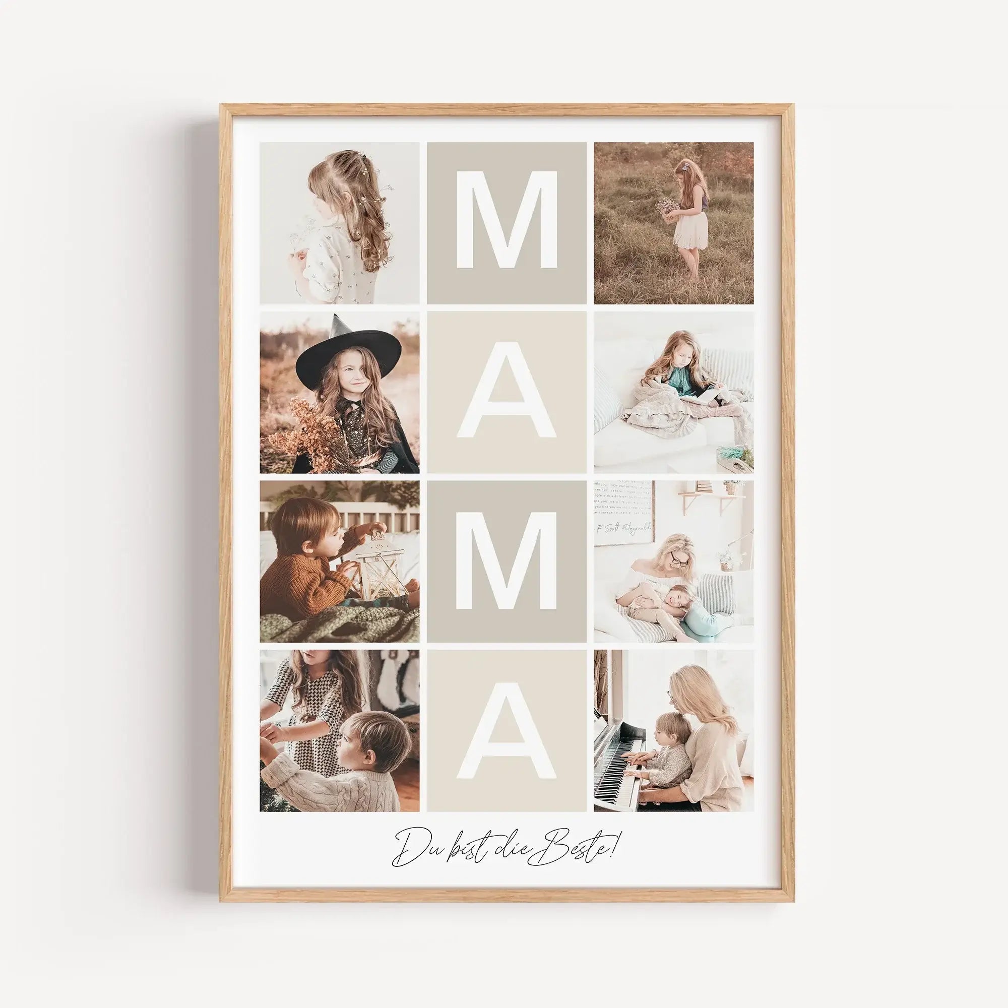 Fotocollage Mama Poster-famprints-Personalisiertes Poster-Auf der Fotocollage Mama findest du mittig, vertikal das Wort Mama, jeweils ein Buchstabe in einem farblichen Quadrat und darunter den personalisierbaren Schriftzug 'Du bist die Beste!'. Gesamt kan