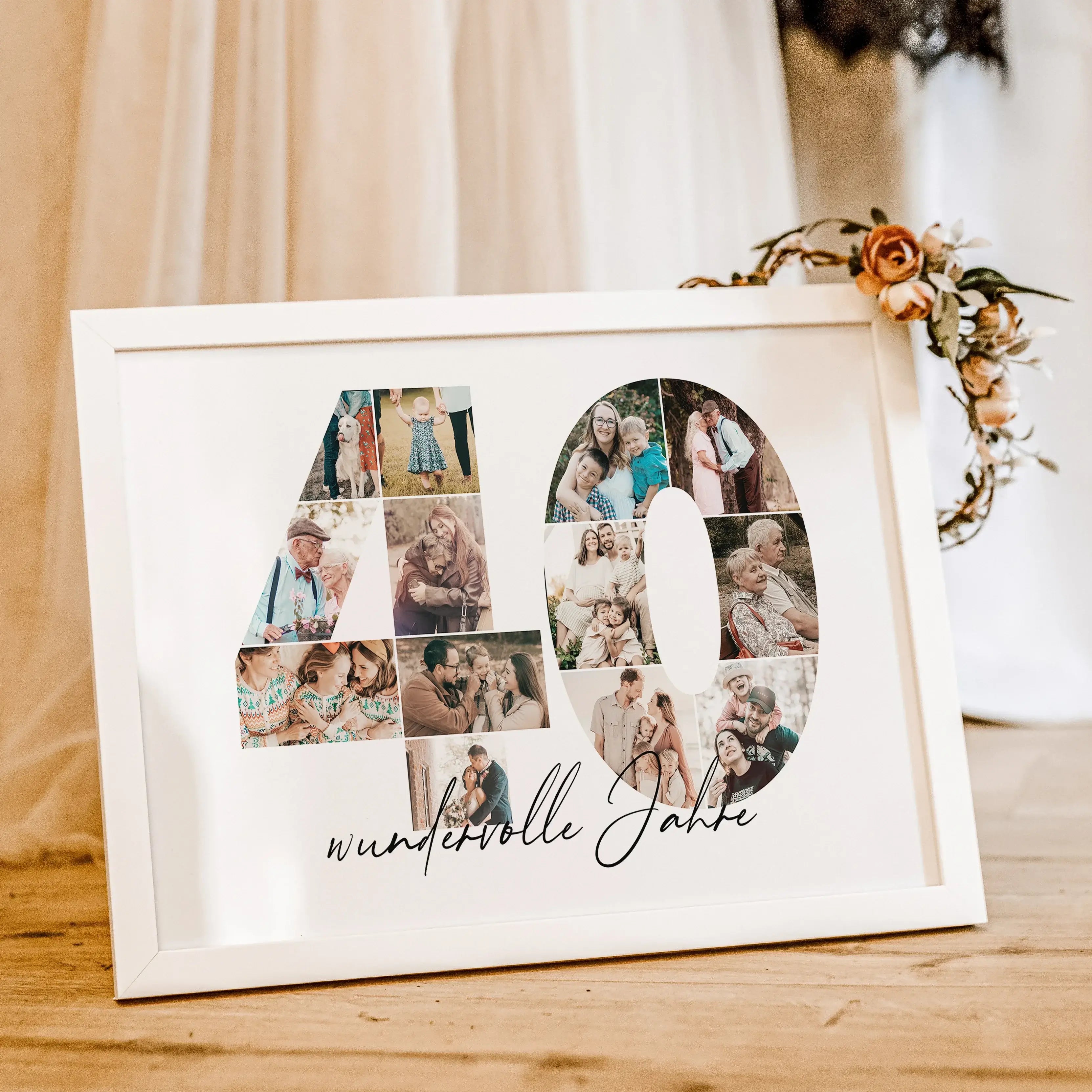 Foto Poster 40 Jahre - Personalisiertes Poster - famprints - Feiere besondere Momente mit unserem einzigartigen Foto Poster 40 – das perfekte personalisierte Geschenk für Geburtstag, Hochzeitstag oder Jubiläum! Die große Zahl 40 wird mit deinen persönlich
