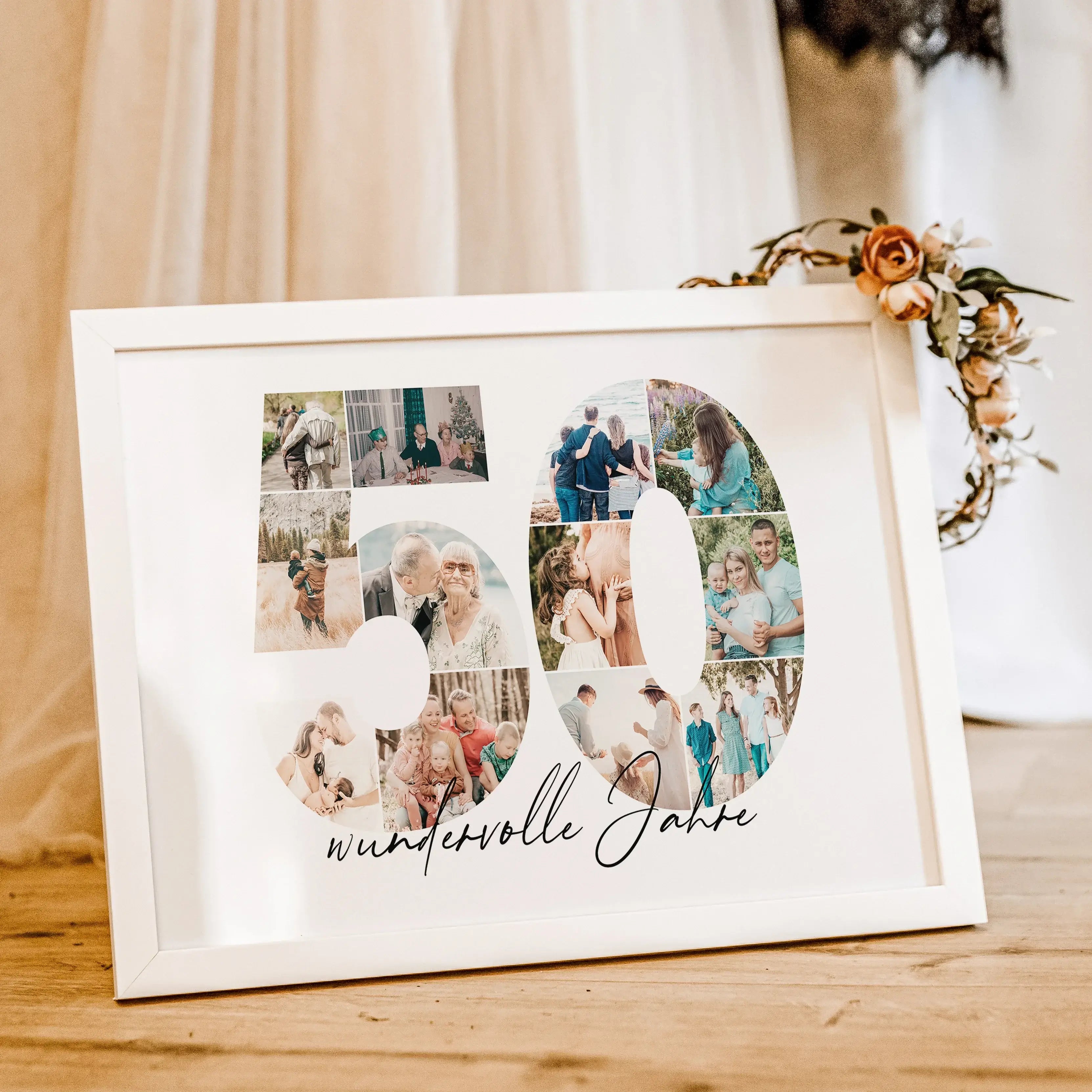 Foto Poster 50 Jahre - Personalisiertes Poster - famprints - Feiere besondere Momente mit unserem einzigartigen Foto Poster 50! Dieses hochwertige Fotoposter zeigt die Zahl 50, die du mit deinen persönlichen Fotos individuell gestalten kannst. So entsteht