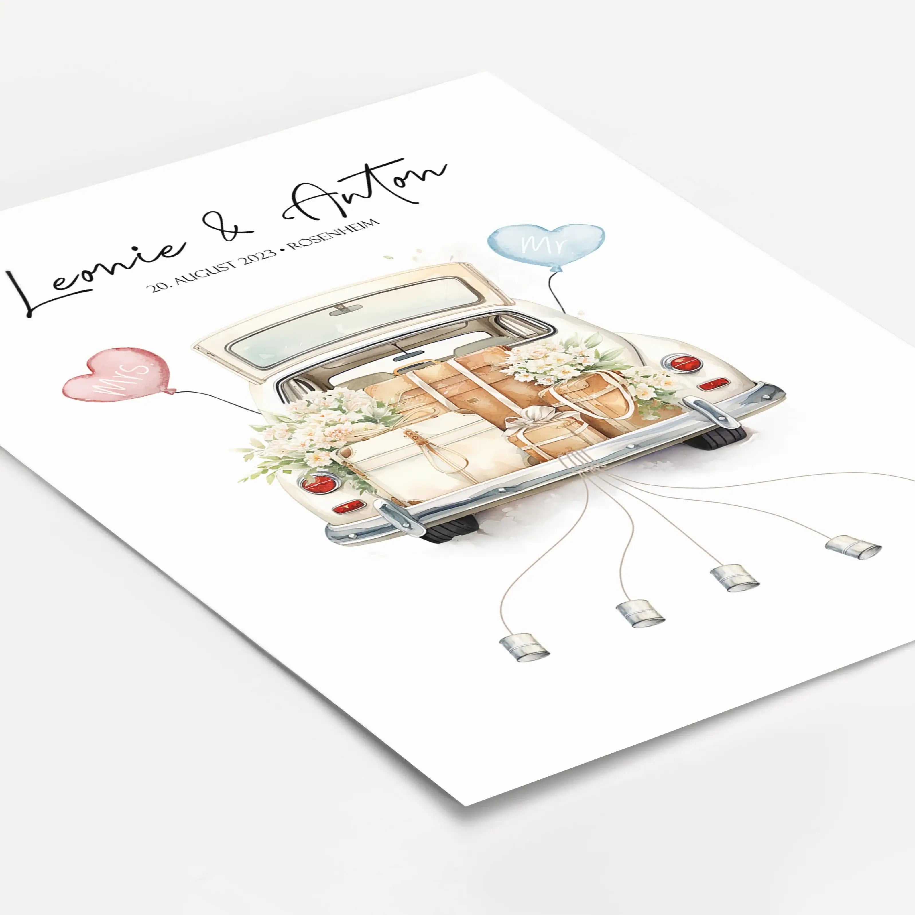 Wedding Car Poster - Personalisiertes Poster - famprints - Suchst du nach einem originellen und persönlichen Geschenk zur Hochzeit? Unser Wedding Car Poster ist die perfekte Idee, um dem Brautpaar eine besondere Freude zu machen! Das Poster zeigt ein lieb