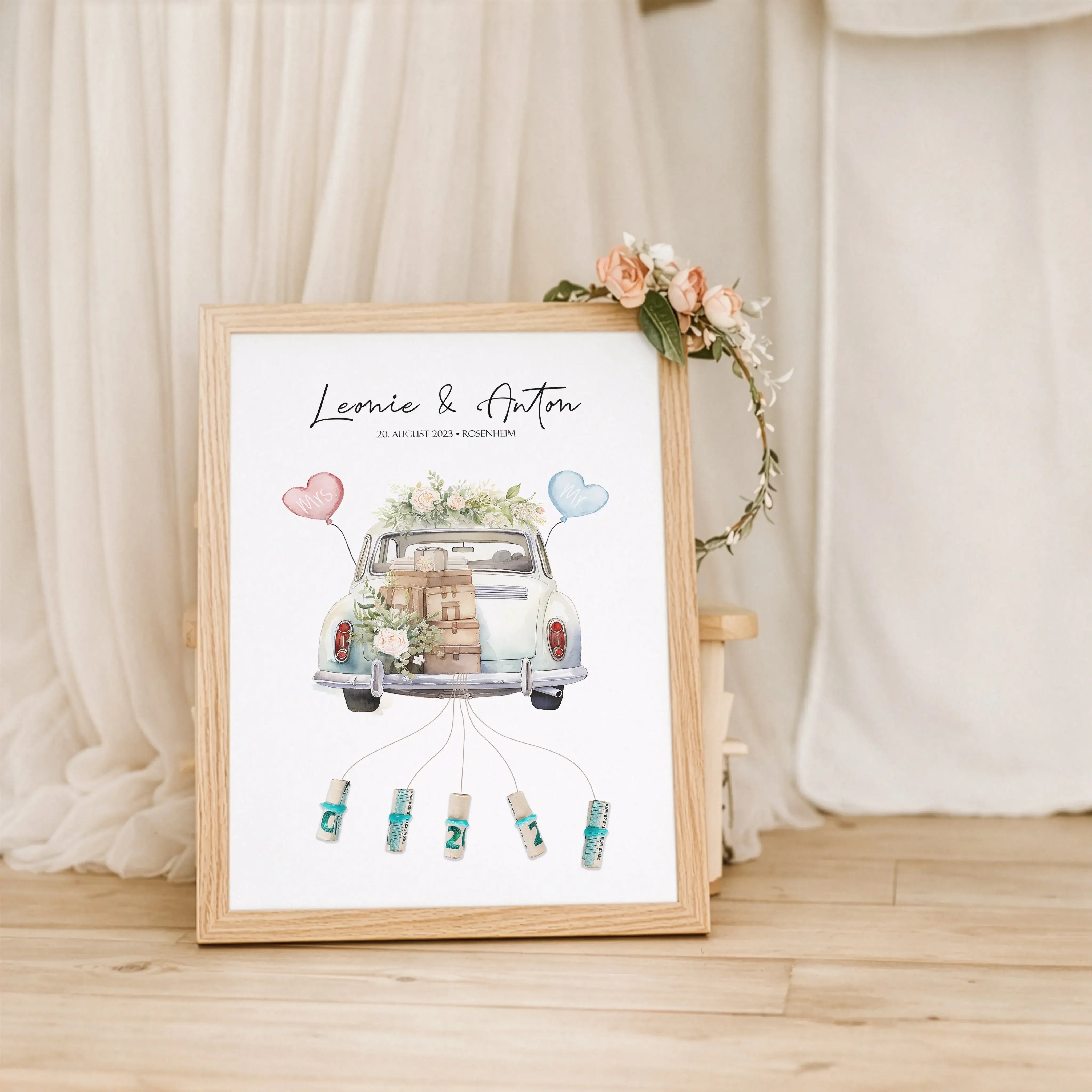 Wedding Car Poster-Personalisiertes Poster-famprints-Das Wedding Car Poster von famprints ist eine kreative Geschenkidee zur Hochzeit, die Persönlichkeit und Funktion verbindet. Im Mittelpunkt steht ein liebevoll illustriertes Hochzeitsauto, das individue