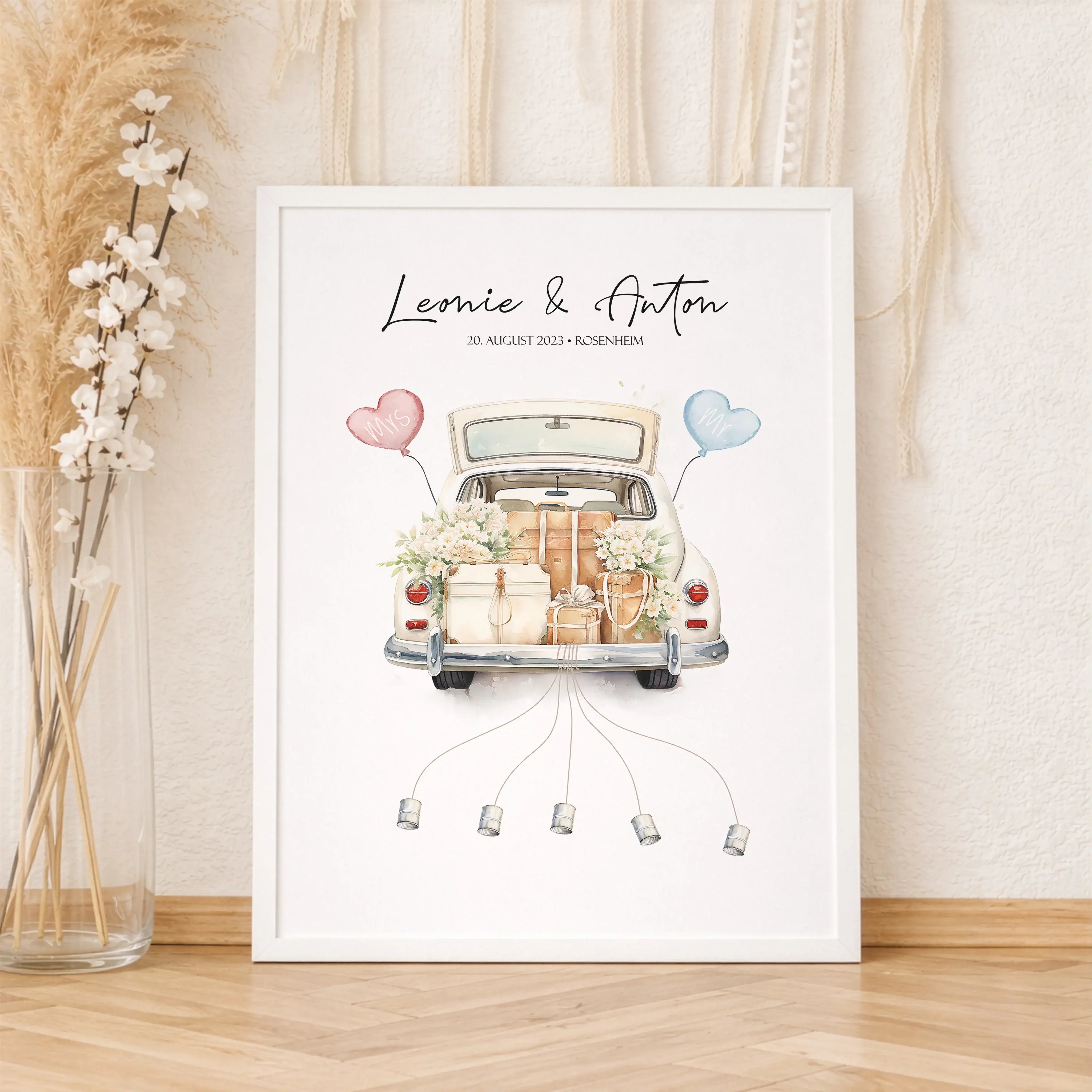 Wedding Car Poster-Personalisiertes Poster-famprints-Das Wedding Car Poster von famprints ist eine kreative Geschenkidee zur Hochzeit, die Persönlichkeit und Funktion verbindet. Im Mittelpunkt steht ein liebevoll illustriertes Hochzeitsauto, das individue