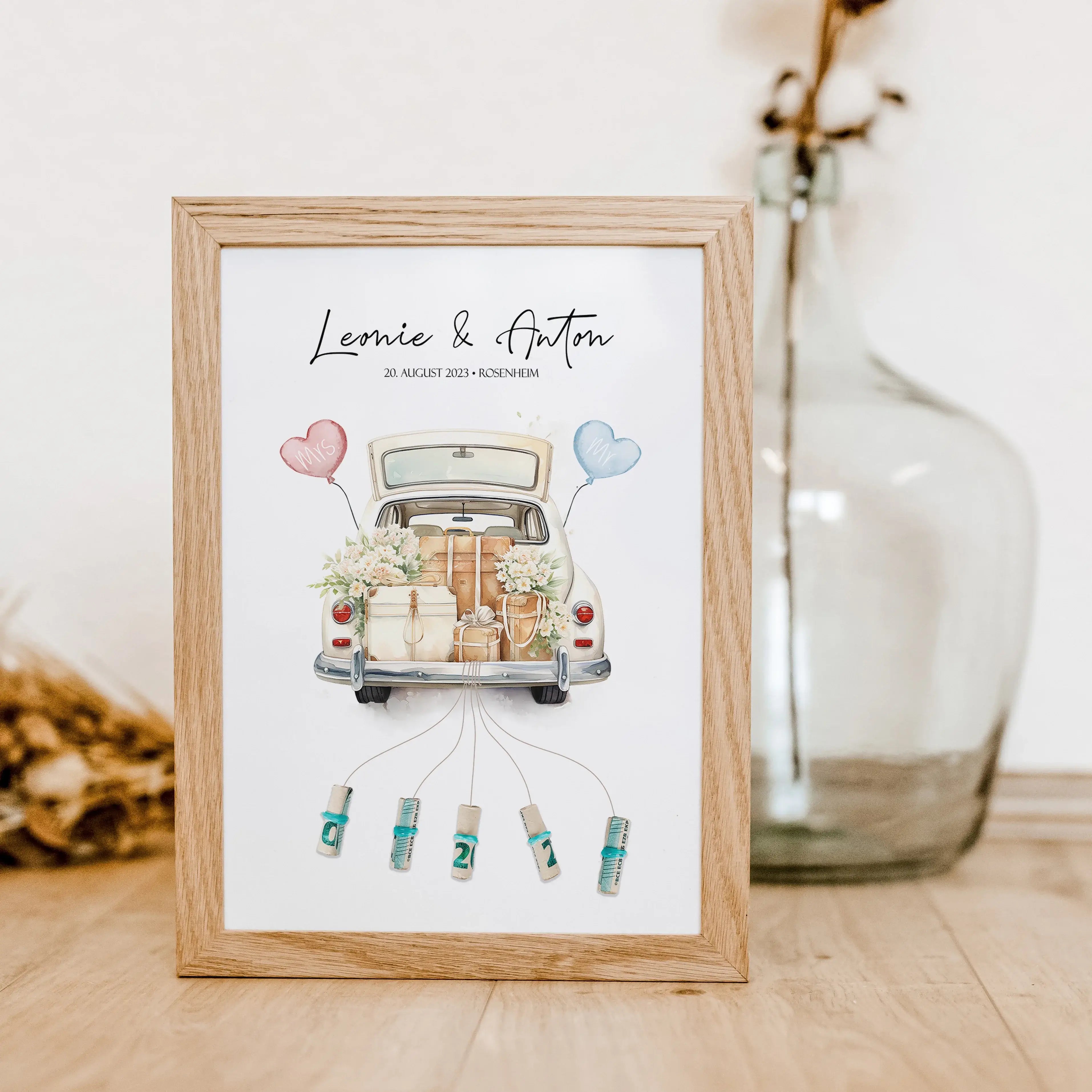 Wedding Car Poster - Personalisiertes Poster - famprints - Suchst du nach einem originellen und persönlichen Geschenk zur Hochzeit? Unser Wedding Car Poster ist die perfekte Idee, um dem Brautpaar eine besondere Freude zu machen! Das Poster zeigt ein lieb