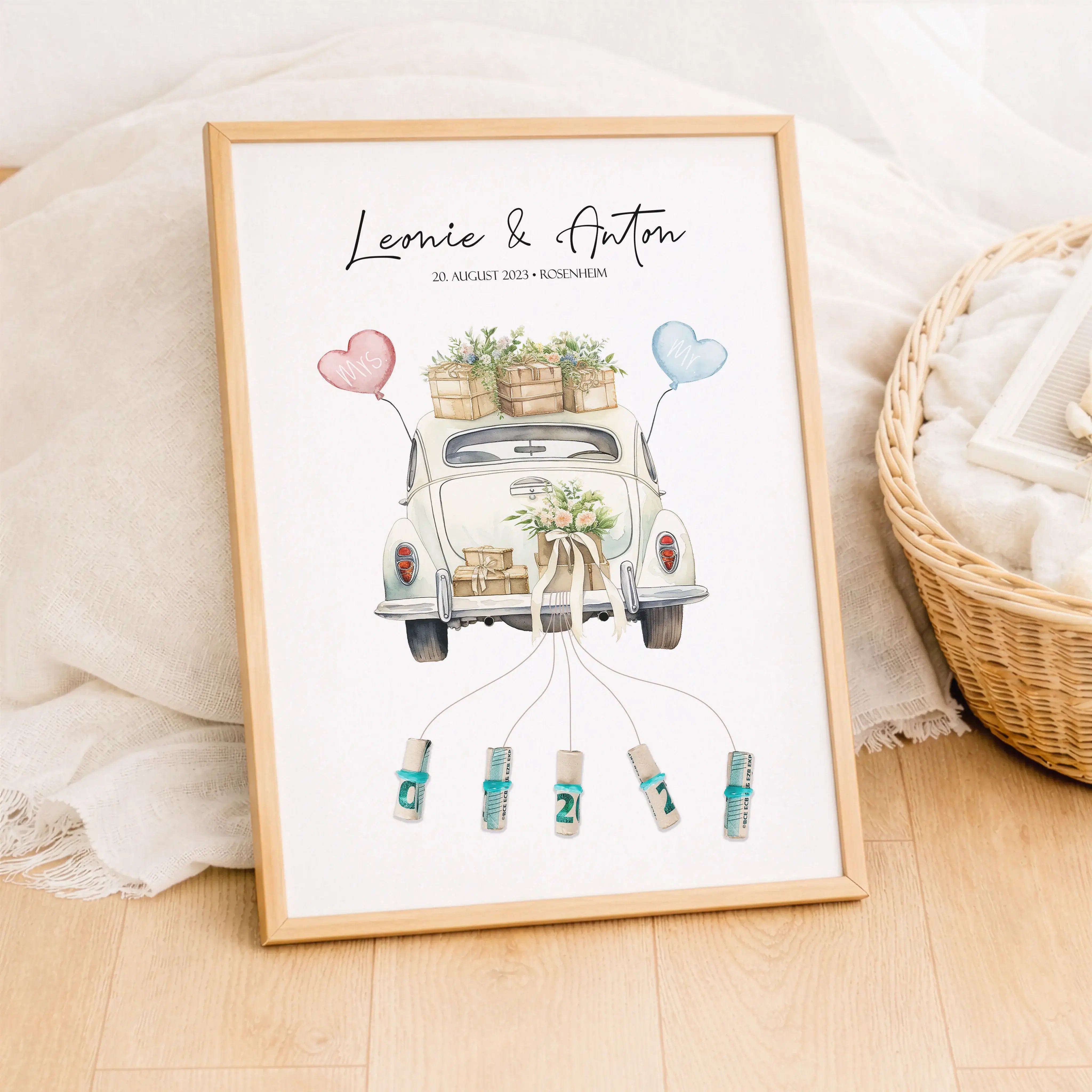 Wedding Car Poster-Personalisiertes Poster-famprints-Das Wedding Car Poster von famprints ist eine kreative Geschenkidee zur Hochzeit, die Persönlichkeit und Funktion verbindet. Im Mittelpunkt steht ein liebevoll illustriertes Hochzeitsauto, das individue