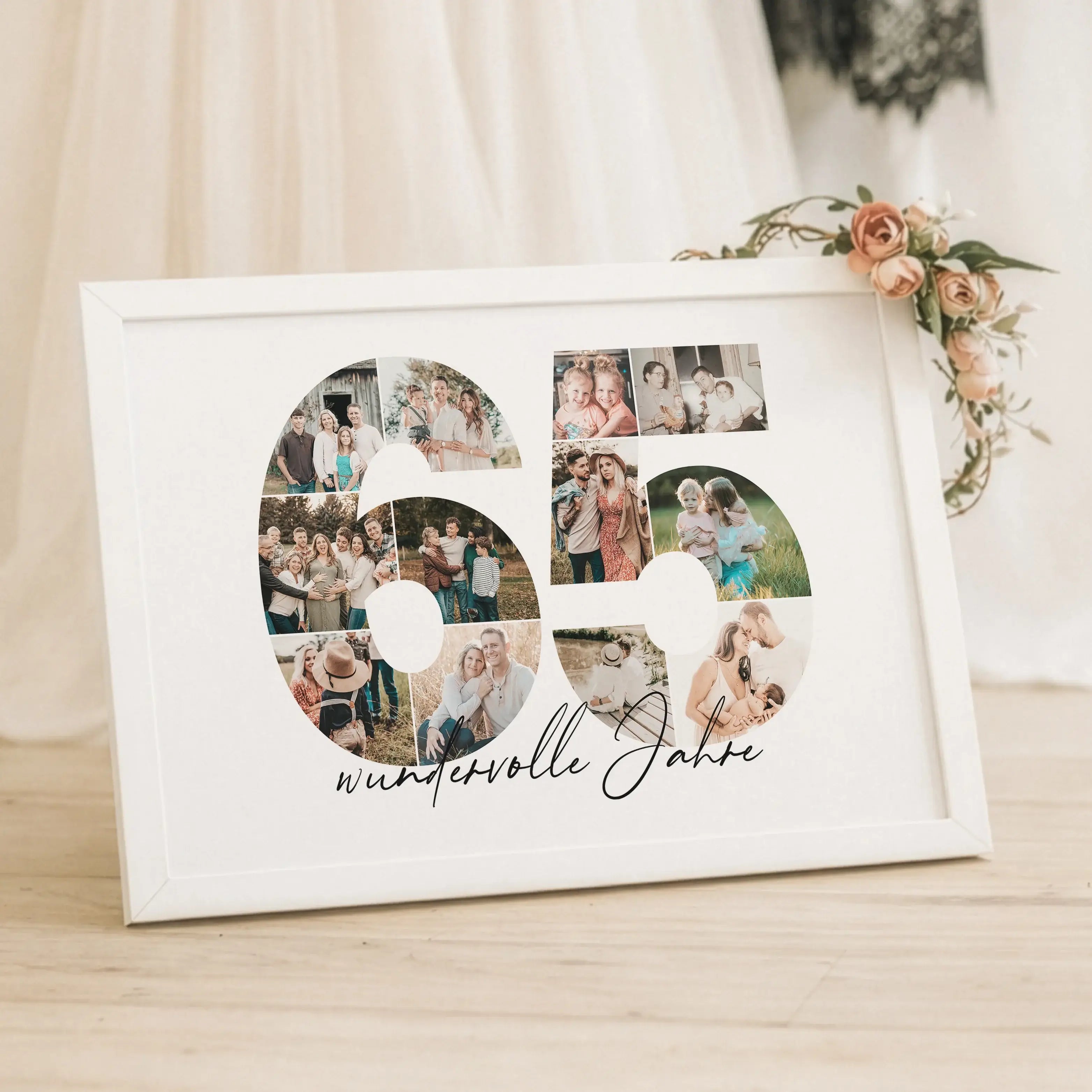 Foto Poster 65-Personalisiertes Poster-famprints-Das Foto Poster 65 von famprints macht aus einem besonderen Lebensjahr ein persönliches Erinnerungsstück. Die große Zahl 65 wird mit deinen eigenen Bildern gefüllt und zu einer harmonischen Fotocollage zusa