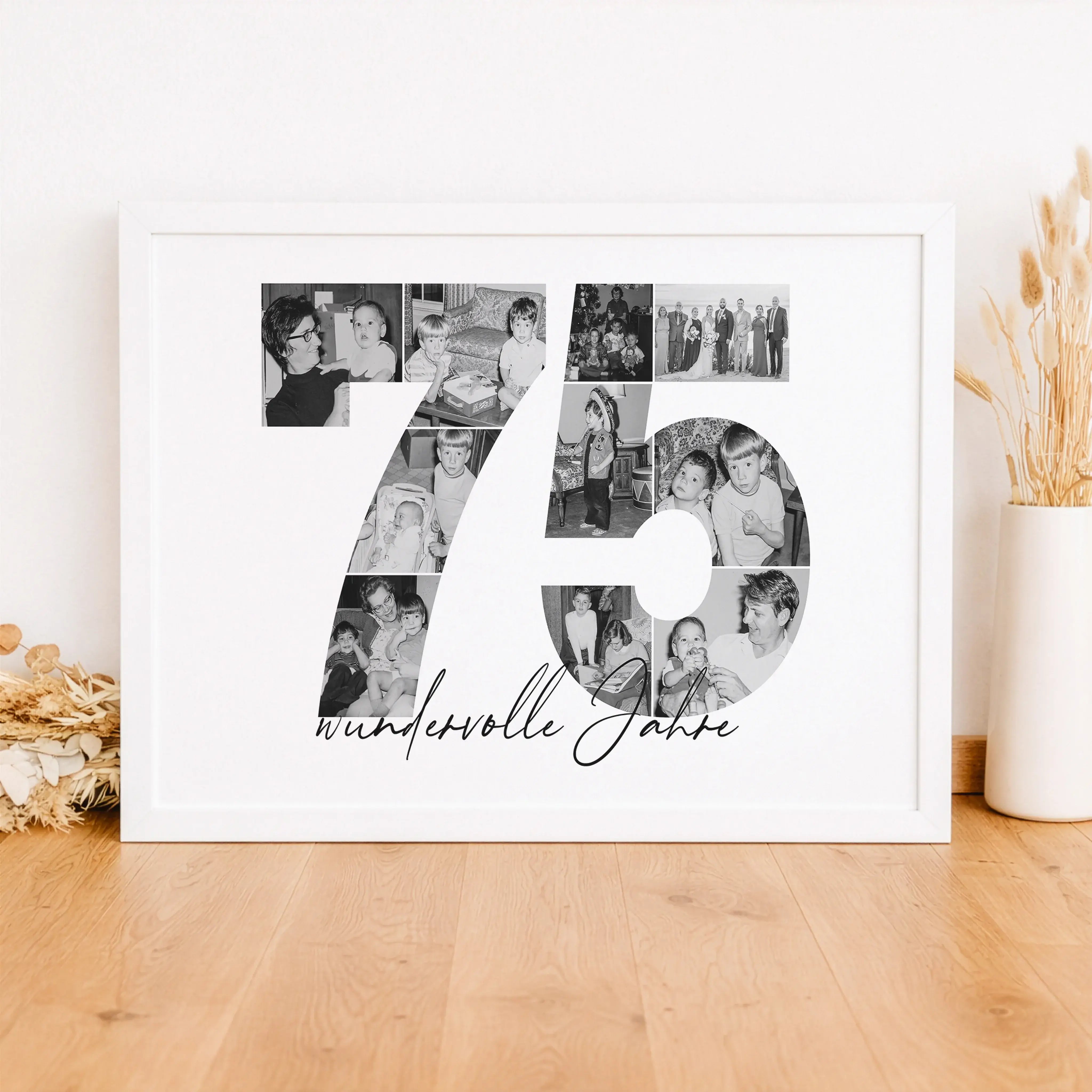 Foto Poster 75-Personalisiertes Poster-famprints-Das Foto Poster 75 ist eine persönliche Geschenkidee für besondere Anlässe wie den 75. Geburtstag, einen Hochzeitstag oder ein Jubiläum. Die große Zahl 75 wird aus deinen eigenen Fotos gestaltet und erzählt