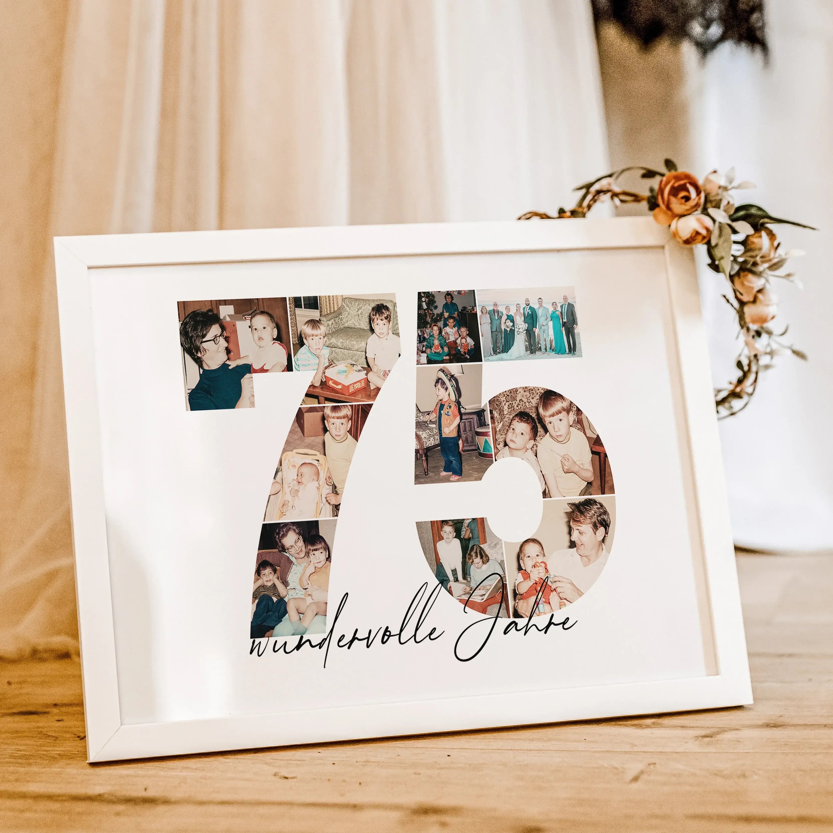 Foto Poster 75 Jahre - Personalisiertes Poster - famprints - Feiere besondere Momente mit unserem einzigartigen Foto Poster 75 – das perfekte personalisierte Geschenk zum 75. Geburtstag, Hochzeitstag oder Jubiläum! Die große „75“ auf dem Poster kannst du
