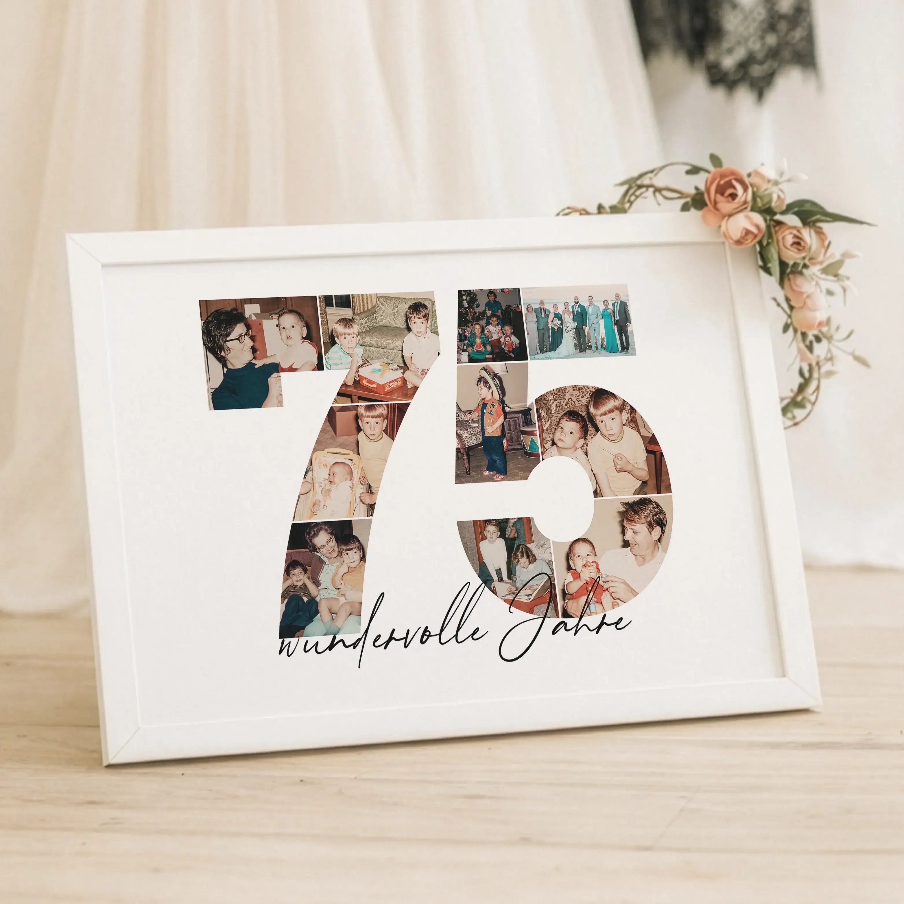 Foto Poster 75-Personalisiertes Poster-famprints-Das Foto Poster 75 ist eine persönliche Geschenkidee für besondere Anlässe wie den 75. Geburtstag, einen Hochzeitstag oder ein Jubiläum. Die große Zahl 75 wird aus deinen eigenen Fotos gestaltet und erzählt