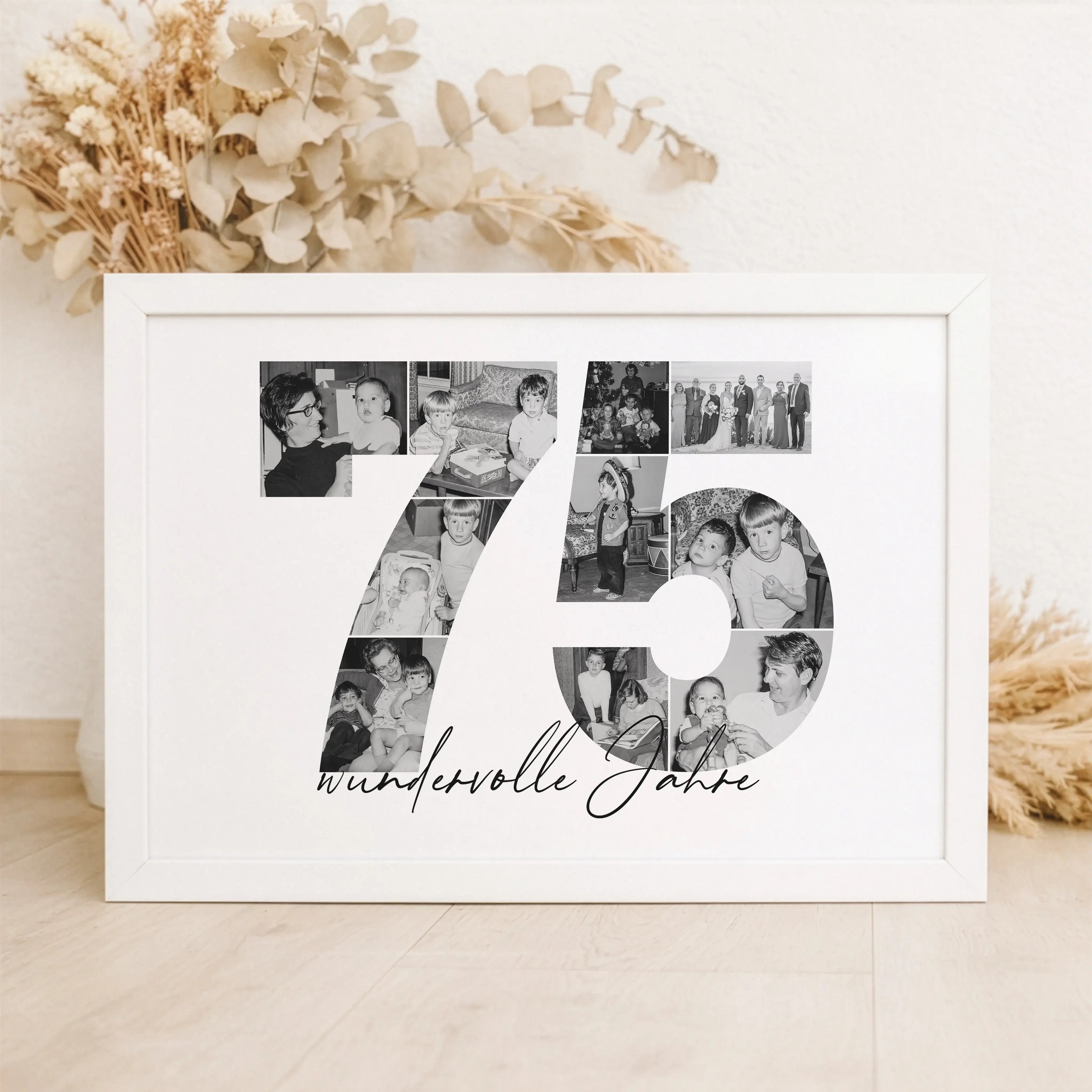 Foto Poster 75-Personalisiertes Poster-famprints-Das Foto Poster 75 ist eine persönliche Geschenkidee für besondere Anlässe wie den 75. Geburtstag, einen Hochzeitstag oder ein Jubiläum. Die große Zahl 75 wird aus deinen eigenen Fotos gestaltet und erzählt