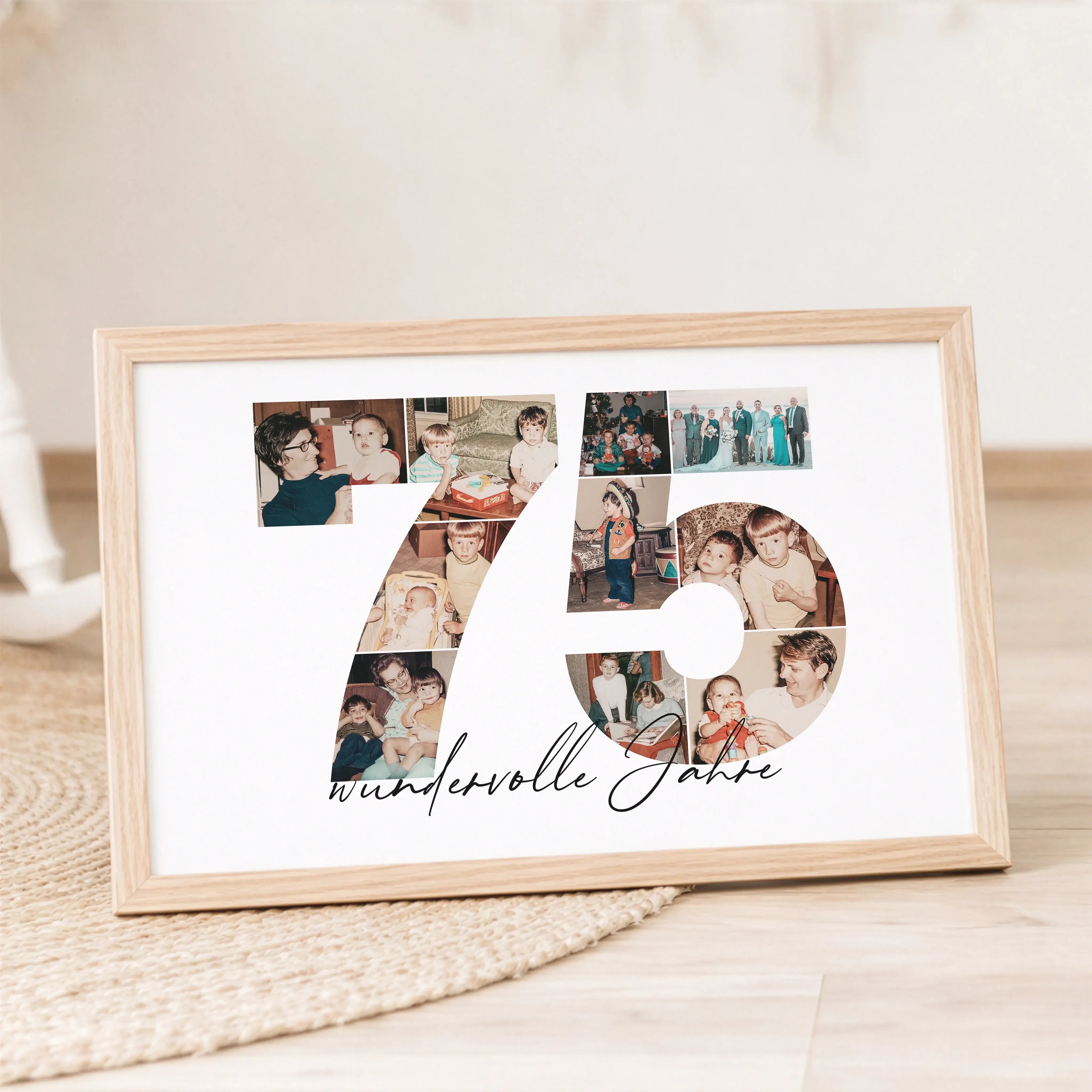 Foto Poster 75-Personalisiertes Poster-famprints-Das Foto Poster 75 ist eine persönliche Geschenkidee für besondere Anlässe wie den 75. Geburtstag, einen Hochzeitstag oder ein Jubiläum. Die große Zahl 75 wird aus deinen eigenen Fotos gestaltet und erzählt