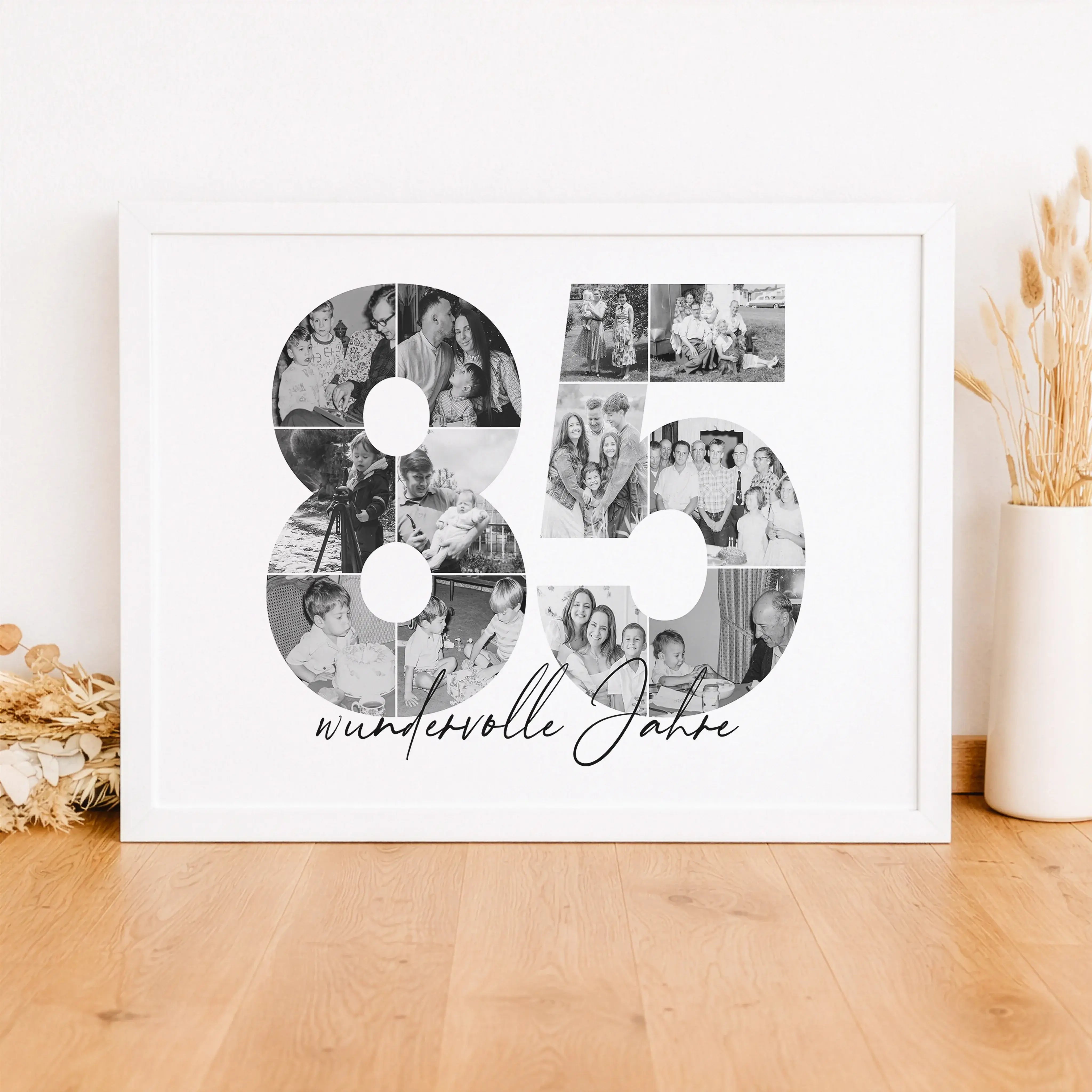 Foto Poster 85-Personalisiertes Poster-famprints-Das Foto Poster 85 ist eine besondere Art, gemeinsame Lebensjahre sichtbar zu machen. Die Zahl 85 wird aus deinen eigenen Bildern gestaltet und erzählt eine persönliche Geschichte voller Erinnerungen, Erleb