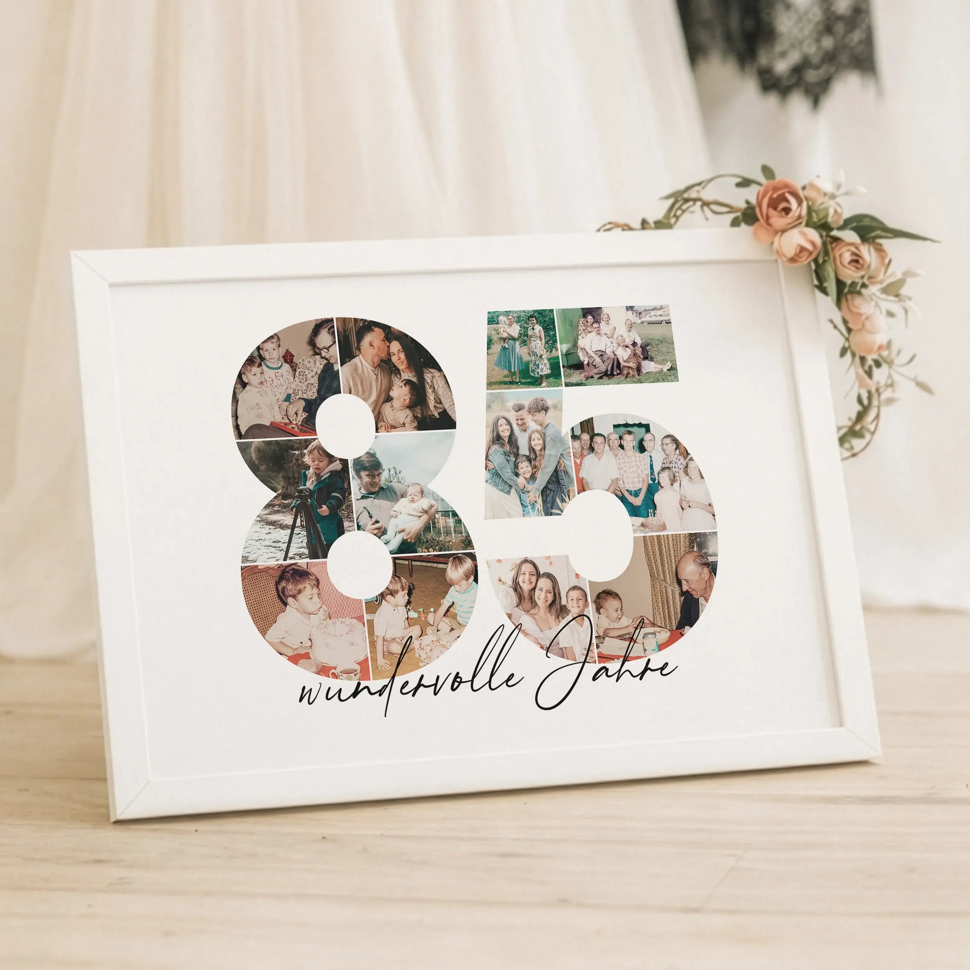 Foto Poster 85-Personalisiertes Poster-famprints-Das Foto Poster 85 ist eine besondere Art, gemeinsame Lebensjahre sichtbar zu machen. Die Zahl 85 wird aus deinen eigenen Bildern gestaltet und erzählt eine persönliche Geschichte voller Erinnerungen, Erleb