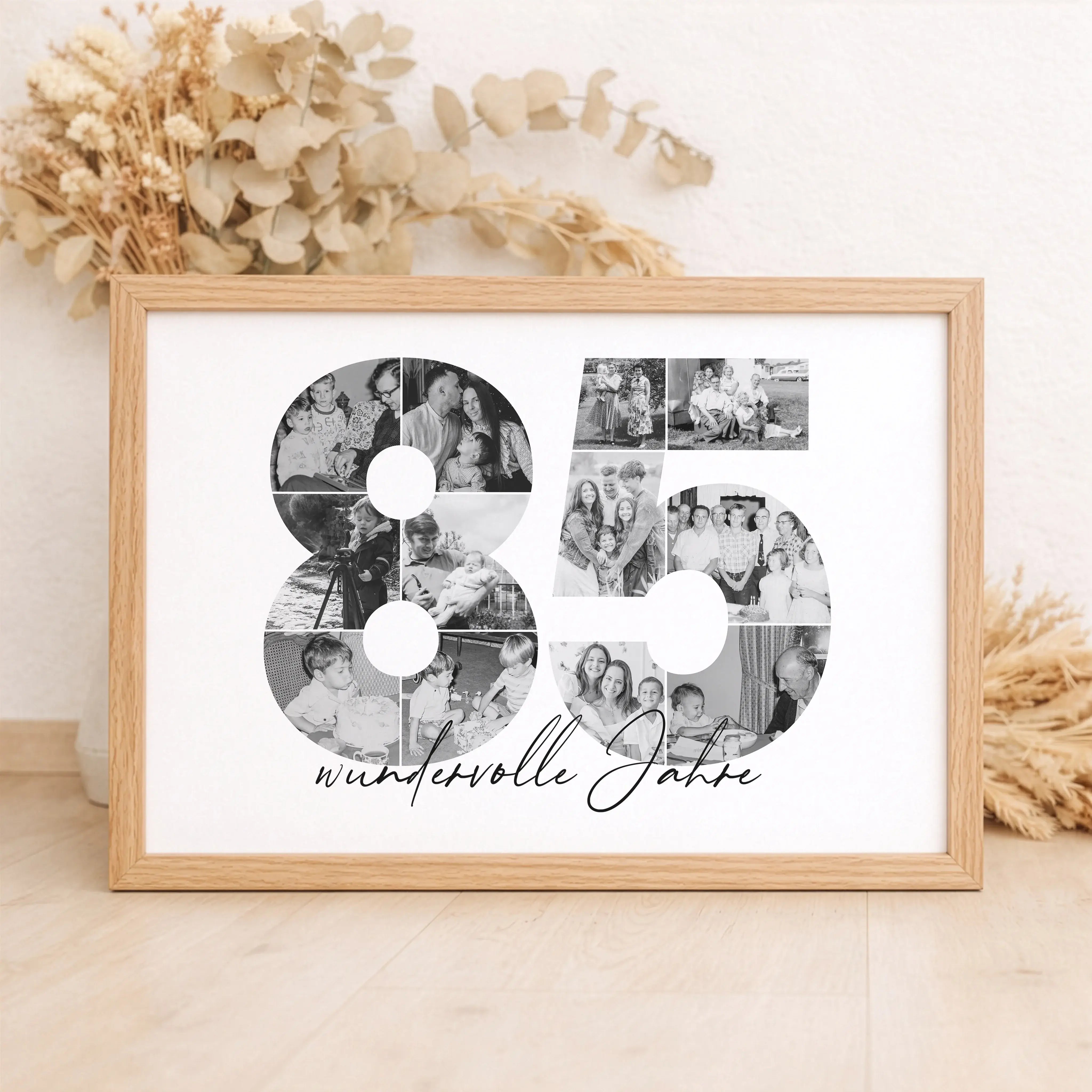 Foto Poster 85-Personalisiertes Poster-famprints-Das Foto Poster 85 ist eine besondere Art, gemeinsame Lebensjahre sichtbar zu machen. Die Zahl 85 wird aus deinen eigenen Bildern gestaltet und erzählt eine persönliche Geschichte voller Erinnerungen, Erleb