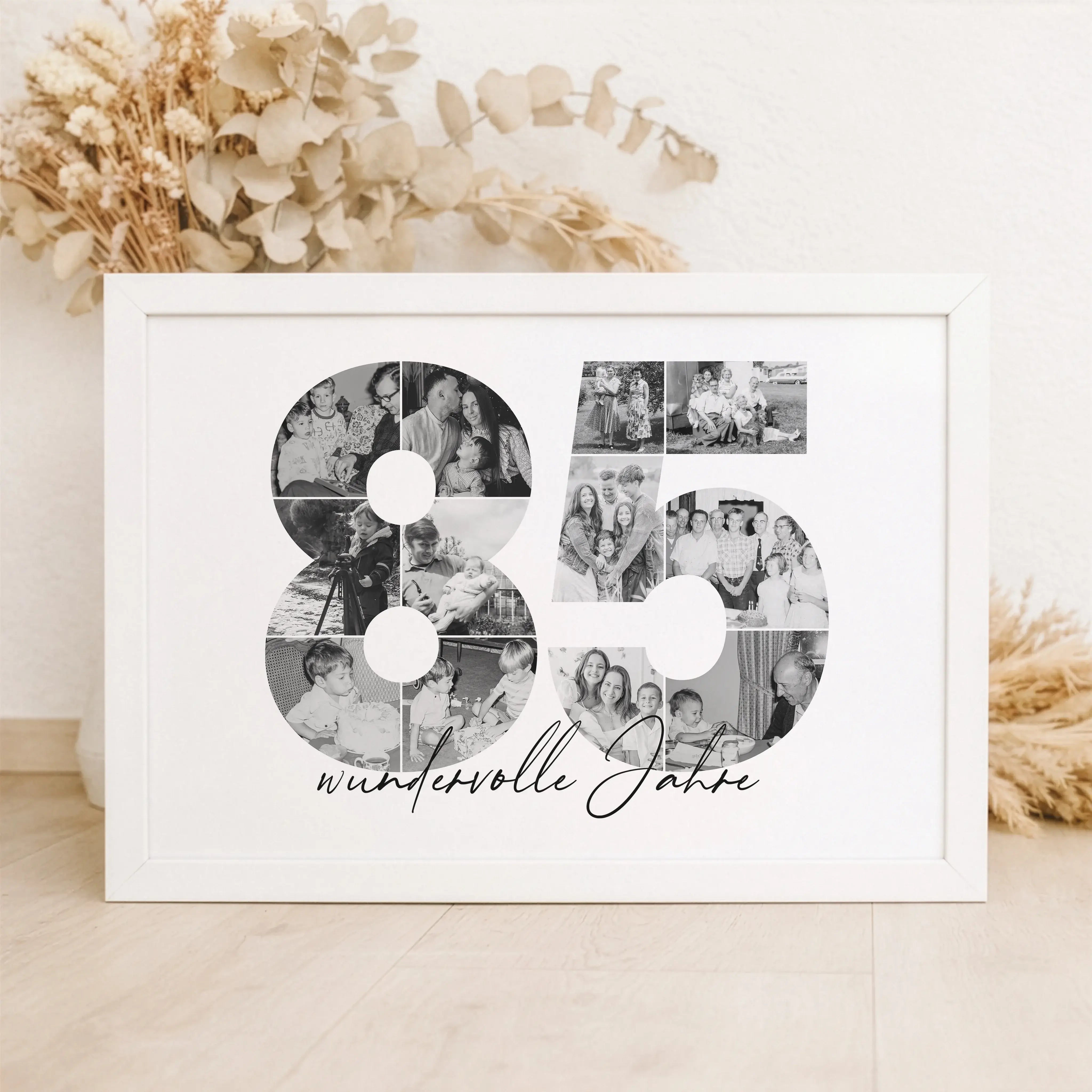 Foto Poster 85-Personalisiertes Poster-famprints-Das Foto Poster 85 ist eine besondere Art, gemeinsame Lebensjahre sichtbar zu machen. Die Zahl 85 wird aus deinen eigenen Bildern gestaltet und erzählt eine persönliche Geschichte voller Erinnerungen, Erleb