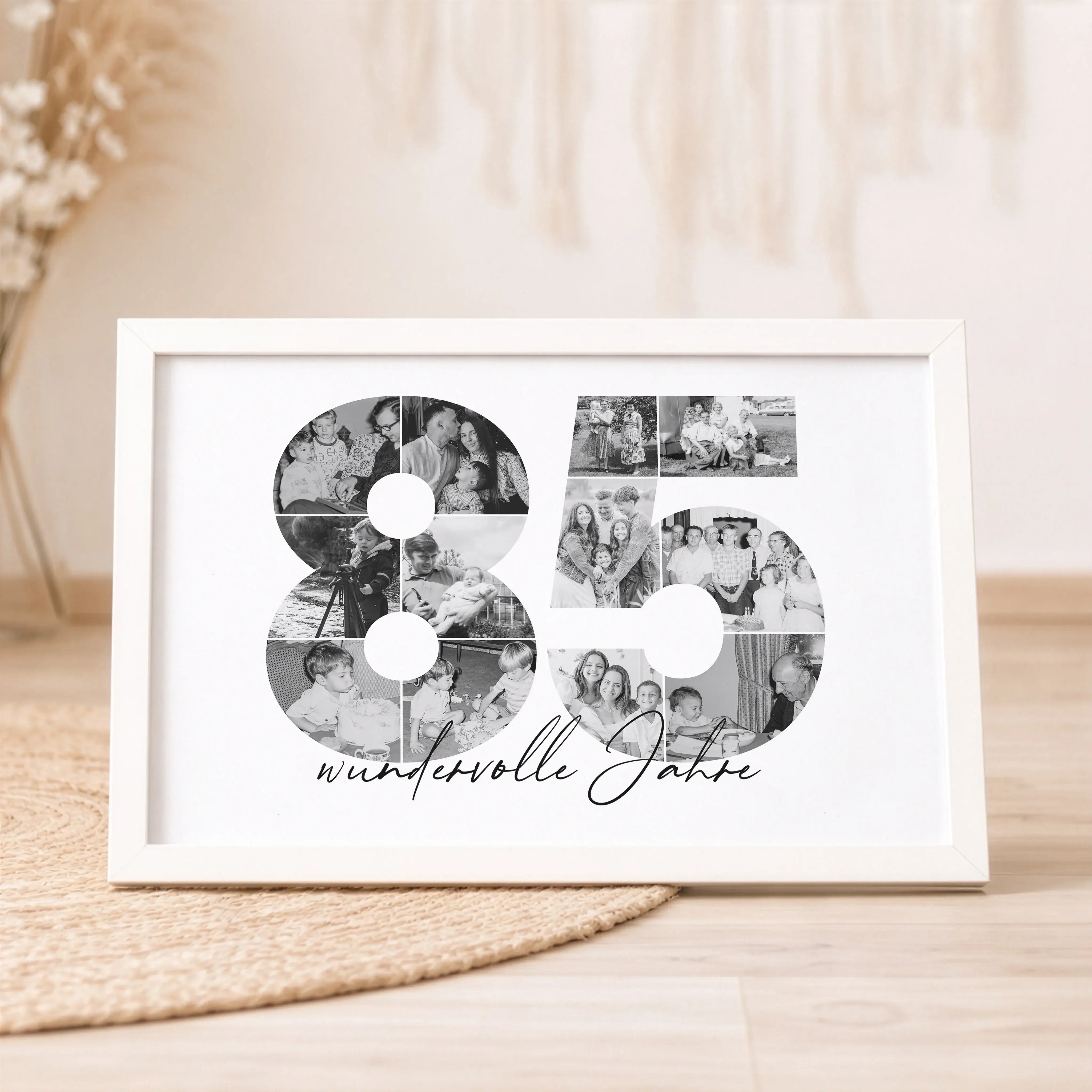 Foto Poster 85-Personalisiertes Poster-famprints-Das Foto Poster 85 ist eine besondere Art, gemeinsame Lebensjahre sichtbar zu machen. Die Zahl 85 wird aus deinen eigenen Bildern gestaltet und erzählt eine persönliche Geschichte voller Erinnerungen, Erleb