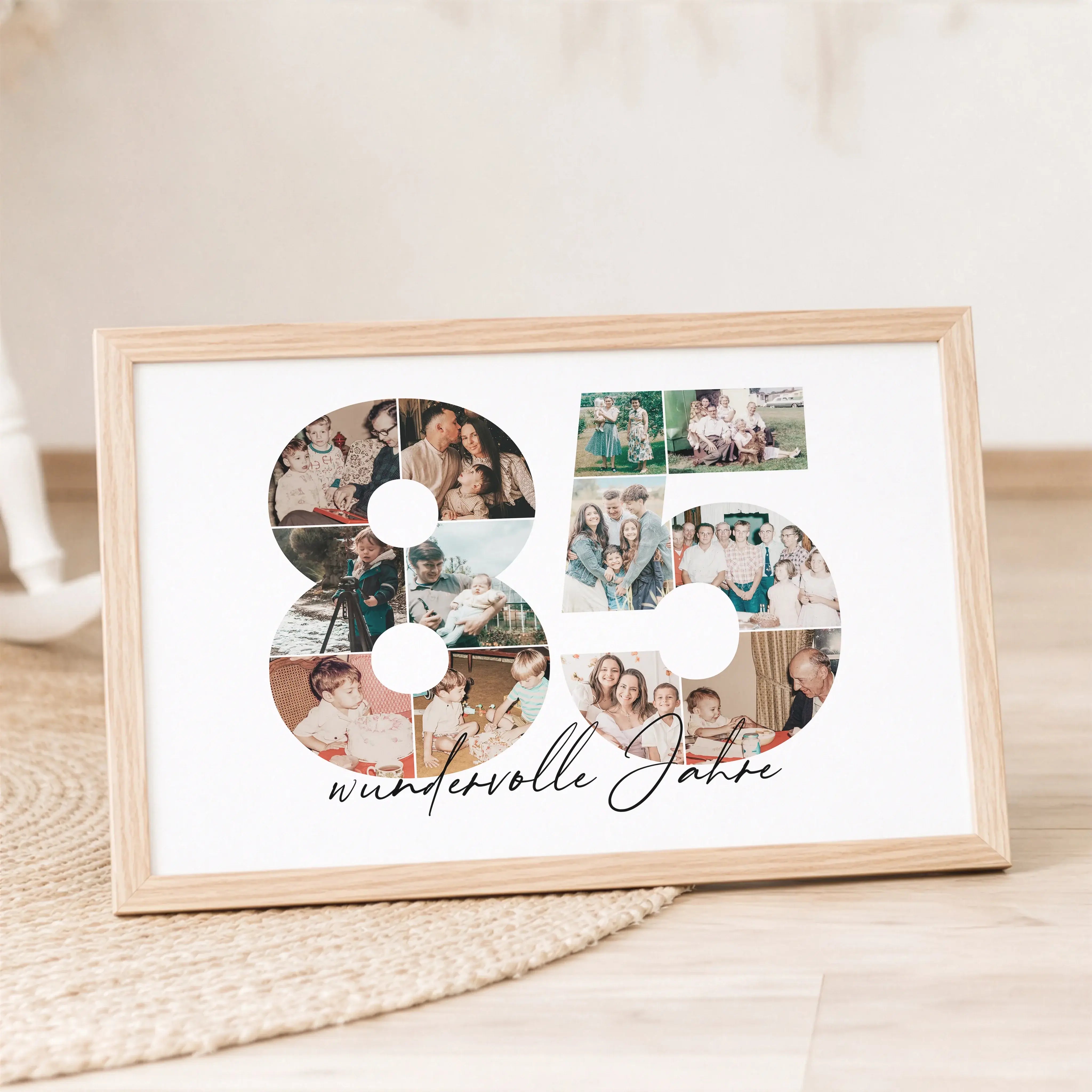 Foto Poster 85-Personalisiertes Poster-famprints-Das Foto Poster 85 ist eine besondere Art, gemeinsame Lebensjahre sichtbar zu machen. Die Zahl 85 wird aus deinen eigenen Bildern gestaltet und erzählt eine persönliche Geschichte voller Erinnerungen, Erleb