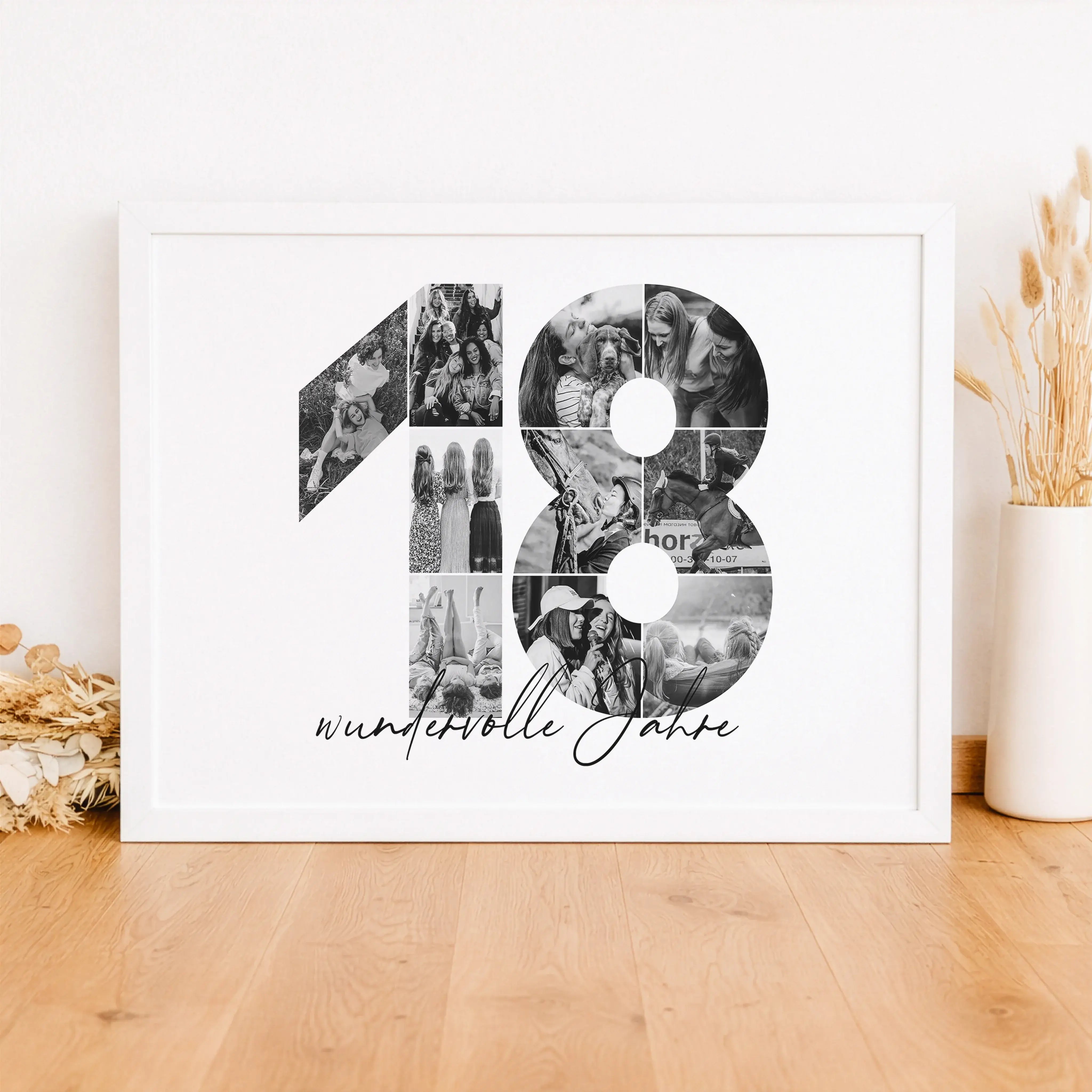 Foto Poster 18-Personalisiertes Poster-famprints-Das Foto Poster 18 von famprints macht aus Erinnerungen ein persönliches Wandbild mit Bedeutung. Die Zahl 18 wird aus deinen eigenen Bildern gestaltet und bildet eine harmonische Fotocollage, die besondere