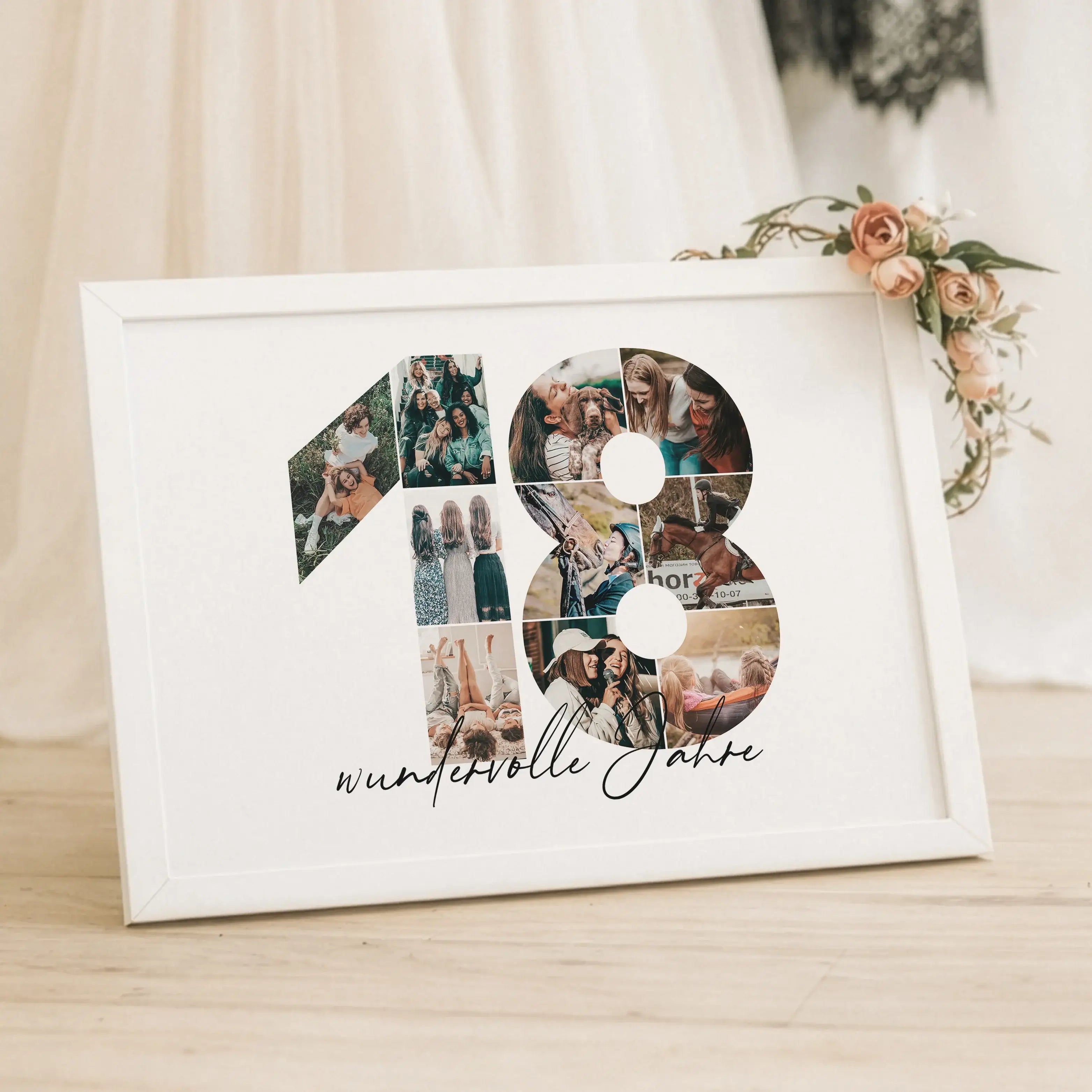 Foto Poster 18-Personalisiertes Poster-famprints-Das Foto Poster 18 von famprints macht aus Erinnerungen ein persönliches Wandbild mit Bedeutung. Die Zahl 18 wird aus deinen eigenen Bildern gestaltet und bildet eine harmonische Fotocollage, die besondere