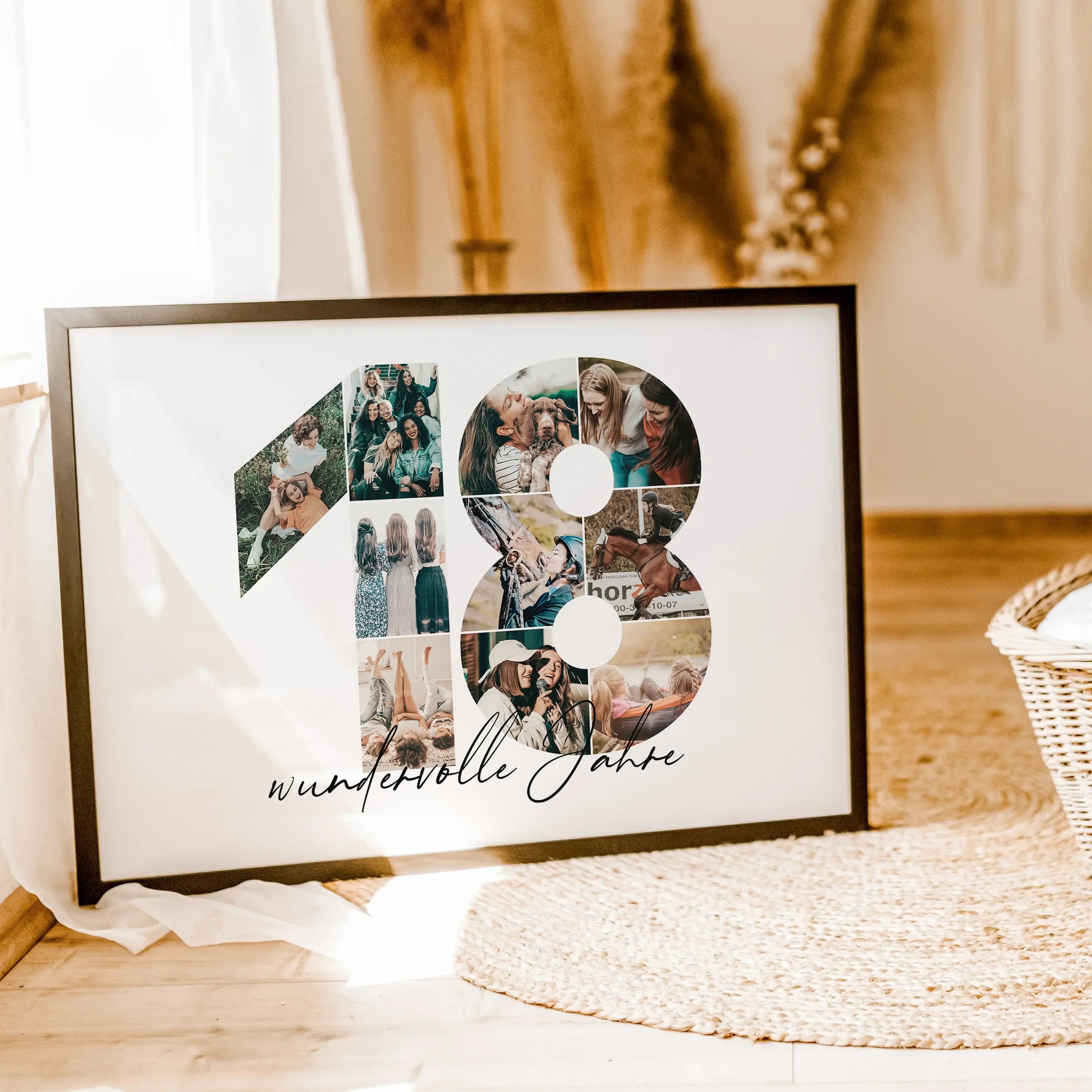 Foto Poster 18 Jahre - Personalisiertes Poster - famprints - Entdecke unser einzigartiges Foto Poster 18 – das perfekte personalisierte Geschenk für besondere Anlässe! Die große Zahl 18 wird mit deinen persönlichen Fotos zu einer beeindruckenden Fotocolla