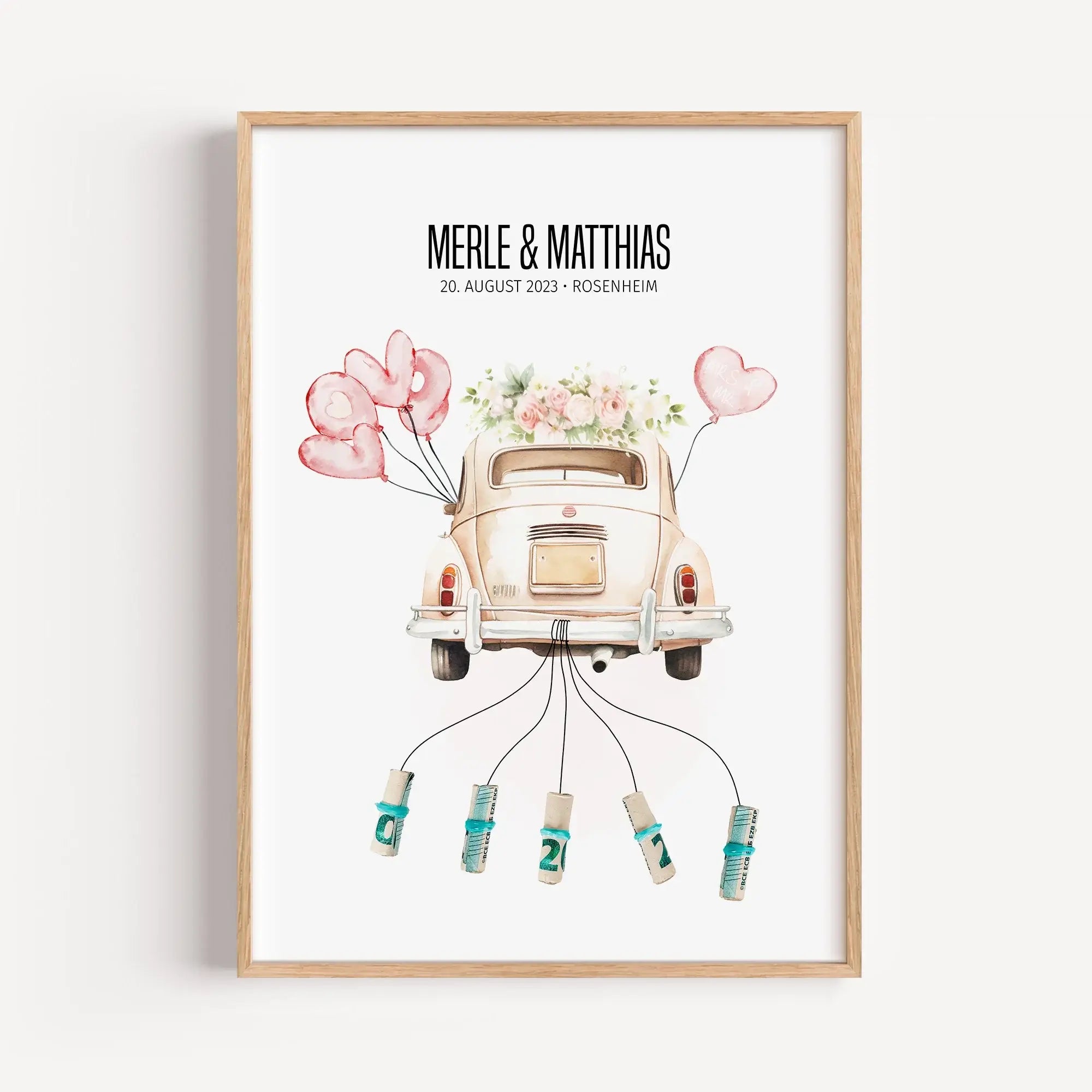 Geldgeschenk Poster Hochzeit-Personalisiertes Poster-famprints-Mit dem Geldgeschenk Poster Hochzeit verschenkst du Geld nicht einfach, sondern verwandelst es in einen echten Hingucker. Das liebevoll illustrierte Hochzeitsmotiv mit Auto, Herzballons und Bl