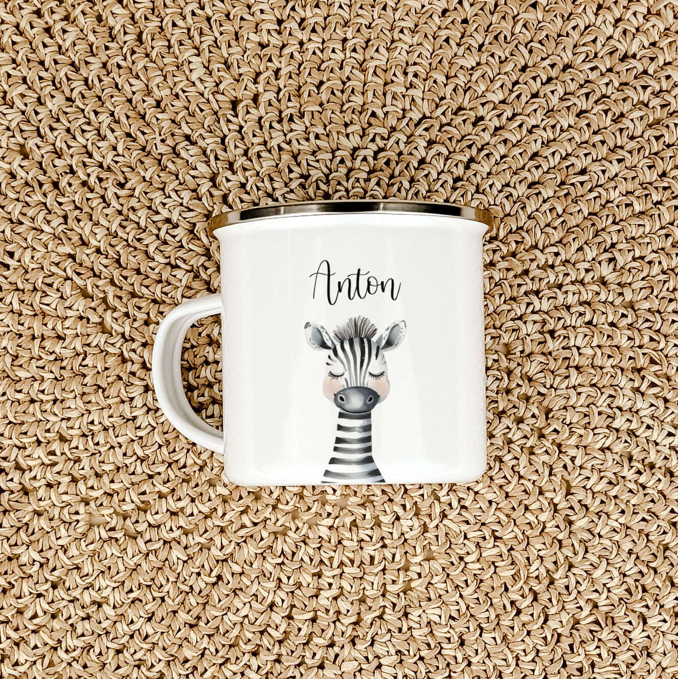 Emaille Tasse Zebra Portrait-famprints-Emaille Tasse-Entdecke die Emaille Tasse Zebra Portrait – das ideale personalisierte Geschenk für Kinder! Ob zur Einschulung, Taufe, Ostern oder Weihnachten, diese Emaille Tasse personalisiert wird mit dem Namen des