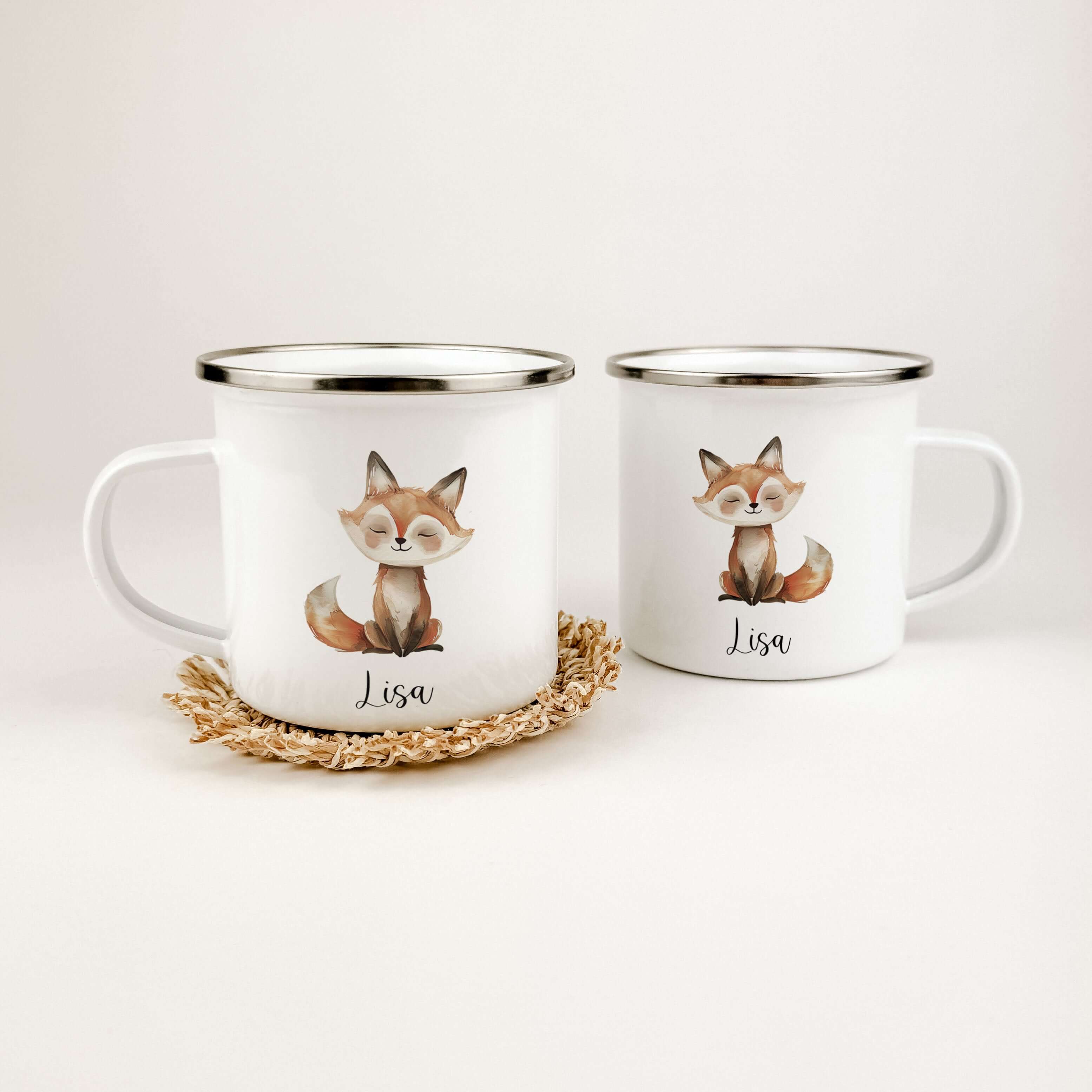 Emaille Tasse Fuchs-famprints-Emaille Tasse-Die personalisierte Emaille Tasse "Fuchs" ist das perfekte Geschenk für Kinder! Mit einem niedlichen Fuchs in Aquarell Optik und drei verschiedenen Varianten wird die Tasse mit Liebe von uns bedruckt. Der brilla