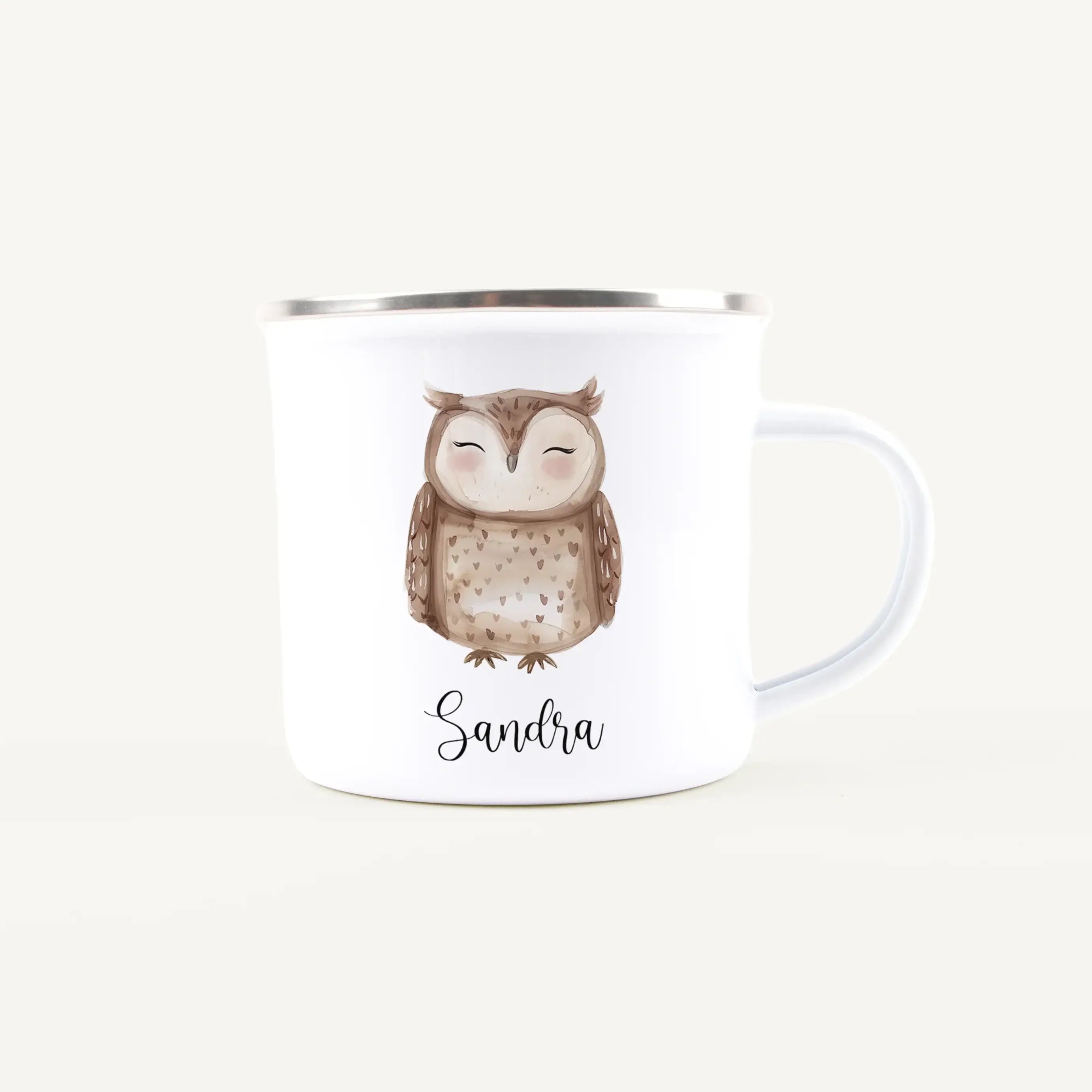 Emaille Tasse Eule-Emaille Tasse-famprints-Die Emaille Tasse Eule von famprints bringt Kinderaugen zum Strahlen und verwandelt alltägliche Momente in kleine Highlights. Mit liebevoll gestalteten Aquarell-Motiven – wahlweise einer braunen oder einer Schnee