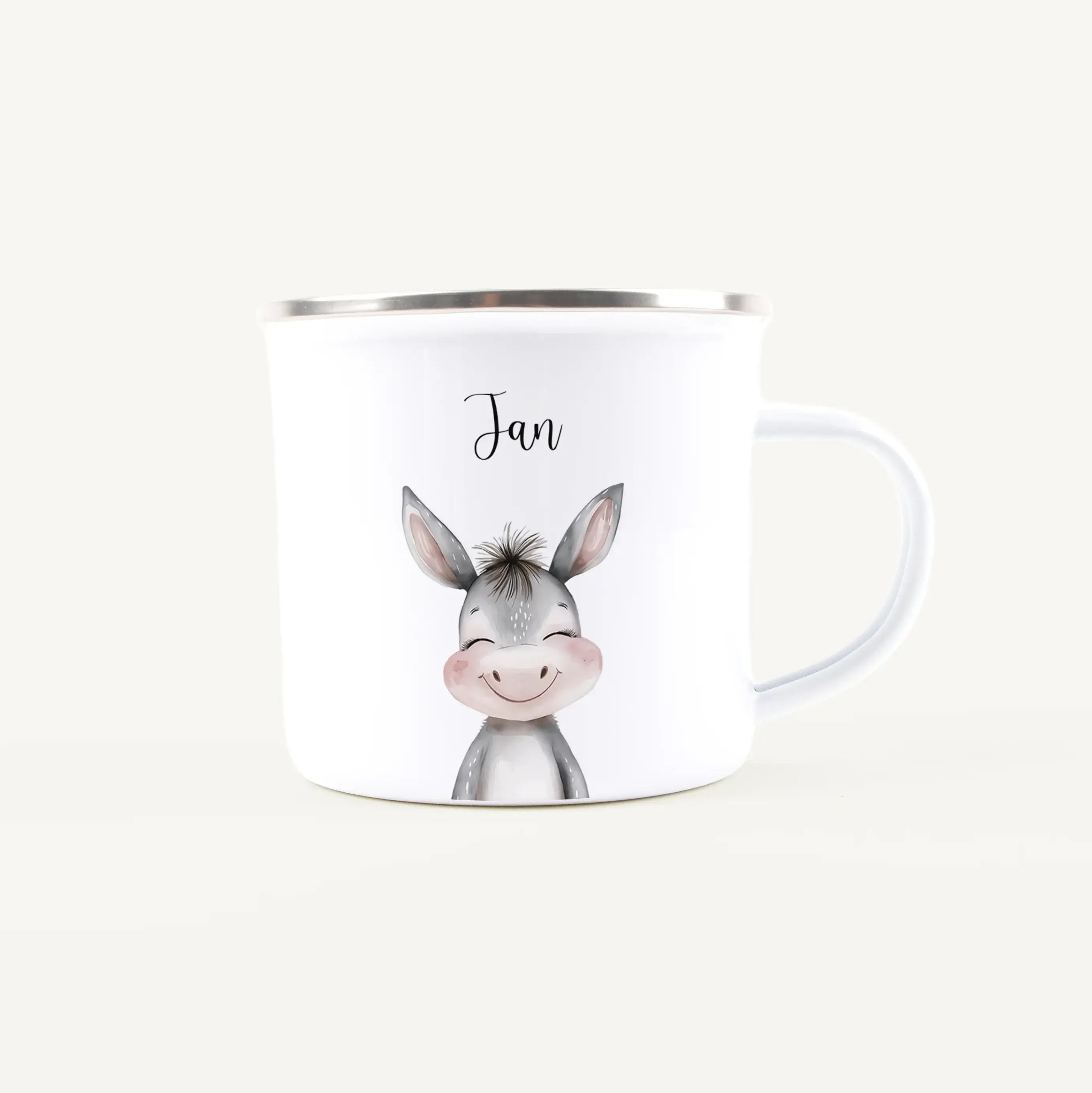 Emaille Tasse Esel Portrait-Emaille Tasse-famprints-Mit der Emaille Tasse Esel Portrait von famprints holst du dir ein liebevoll gestaltetes Geschenk ins Haus, das Kinder wie Erwachsene begeistert. Das sanfte Aquarell-Eselmotiv wird mit deinem Wunschnamen