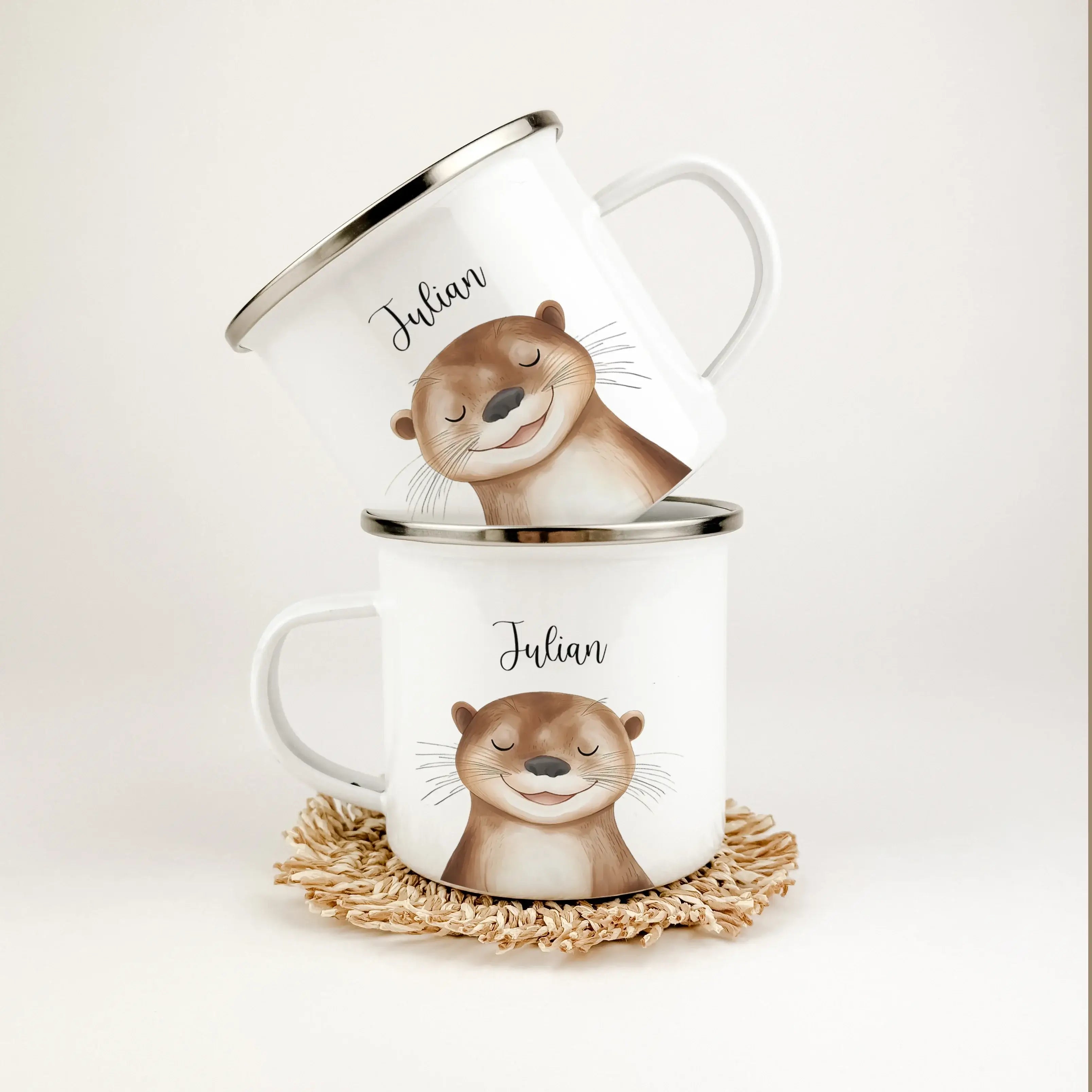 Emaille Tasse Otter Portrait-famprints-Emaille Tasse-Entdecke die einzigartige Emaille Tasse Otter Portrait – das perfekte personalisierte Geschenk für Kinder! Egal ob zur Einschulung, Taufe, zu Ostern, Weihnachten oder zum Geburtstag, dieser bezaubernde