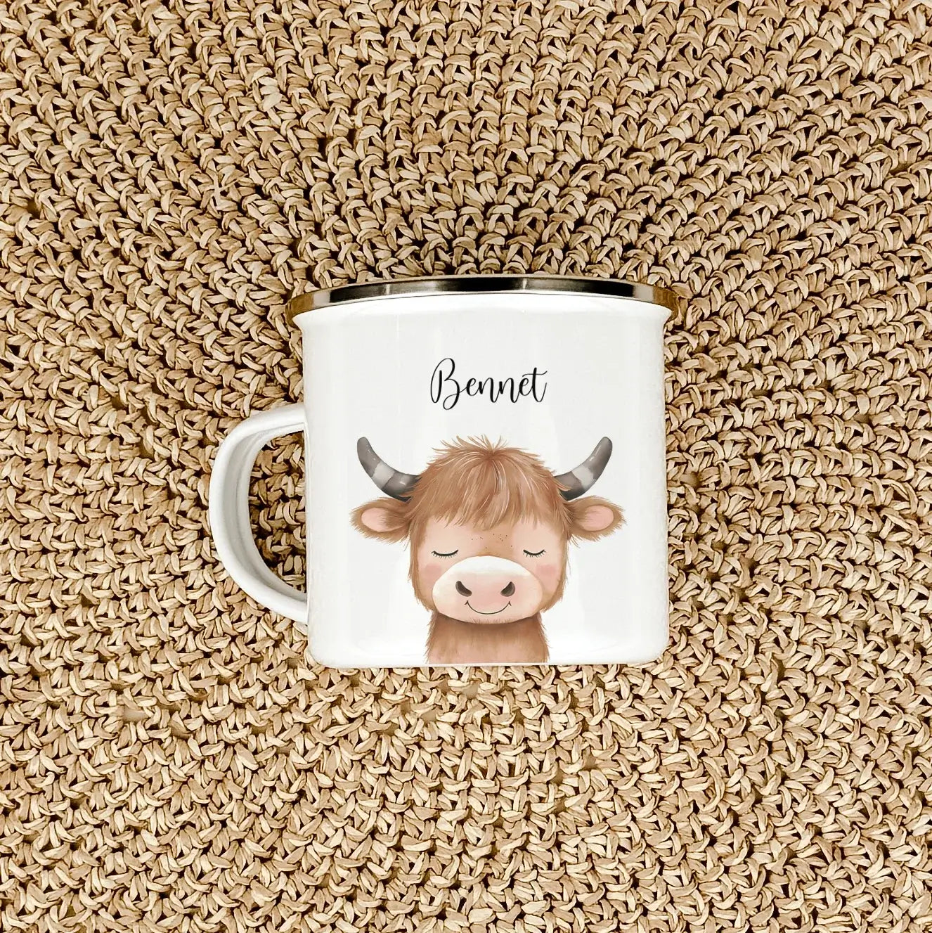 Emaille Tasse Stier Portrait-famprints-Emaille Tasse-Entdecke die einzigartige Emaille Tasse Stier Portrait – eine personalisierte Emaille Tasse, die mit einem beeindruckenden Stier-Portrait in bezaubernder Aquarell-Optik verzaubert. Der hochwertige und l