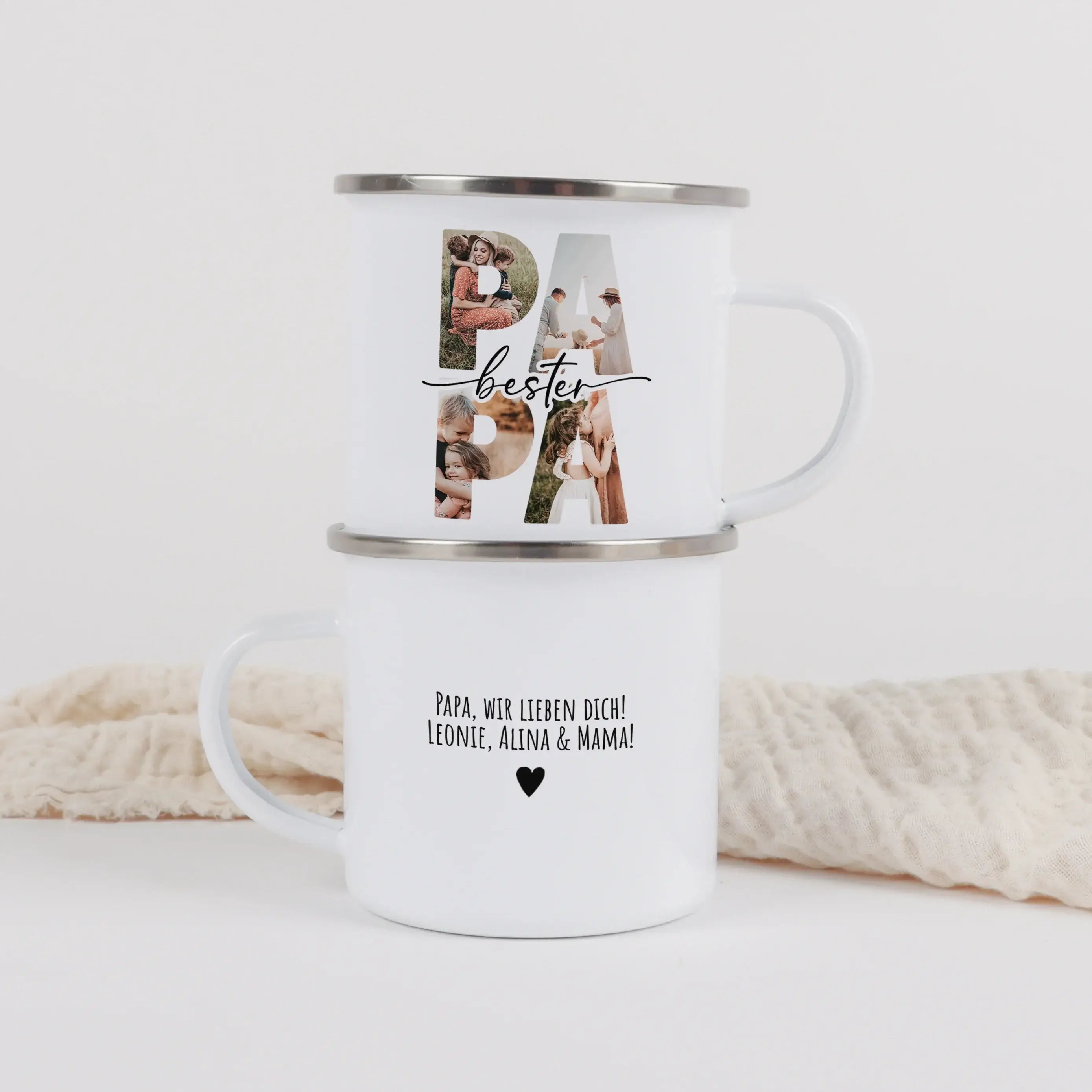 Emaille Tasse bester Papa-Emaille Tasse-famprints-Die Emaille Tasse bester Papa von famprints ist ein liebevoll personalisierbares Geschenk, das gemeinsame Erinnerungen sichtbar macht und jeden Morgen ein Lächeln auf Papas Gesicht zaubert. Deine Fotos in